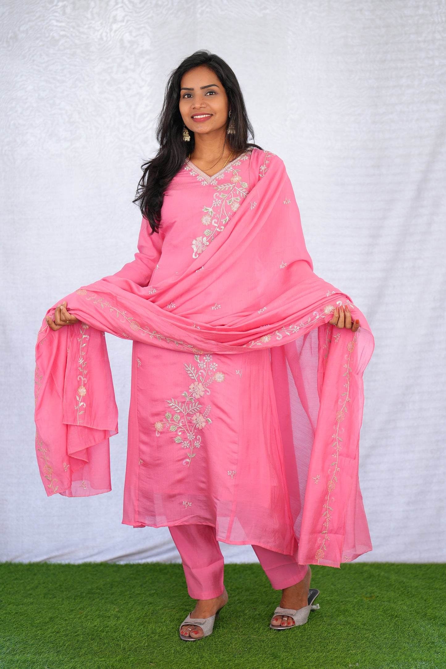 Pink Color Mul chanderi Party Wear 3 Piece set With Complete Lining