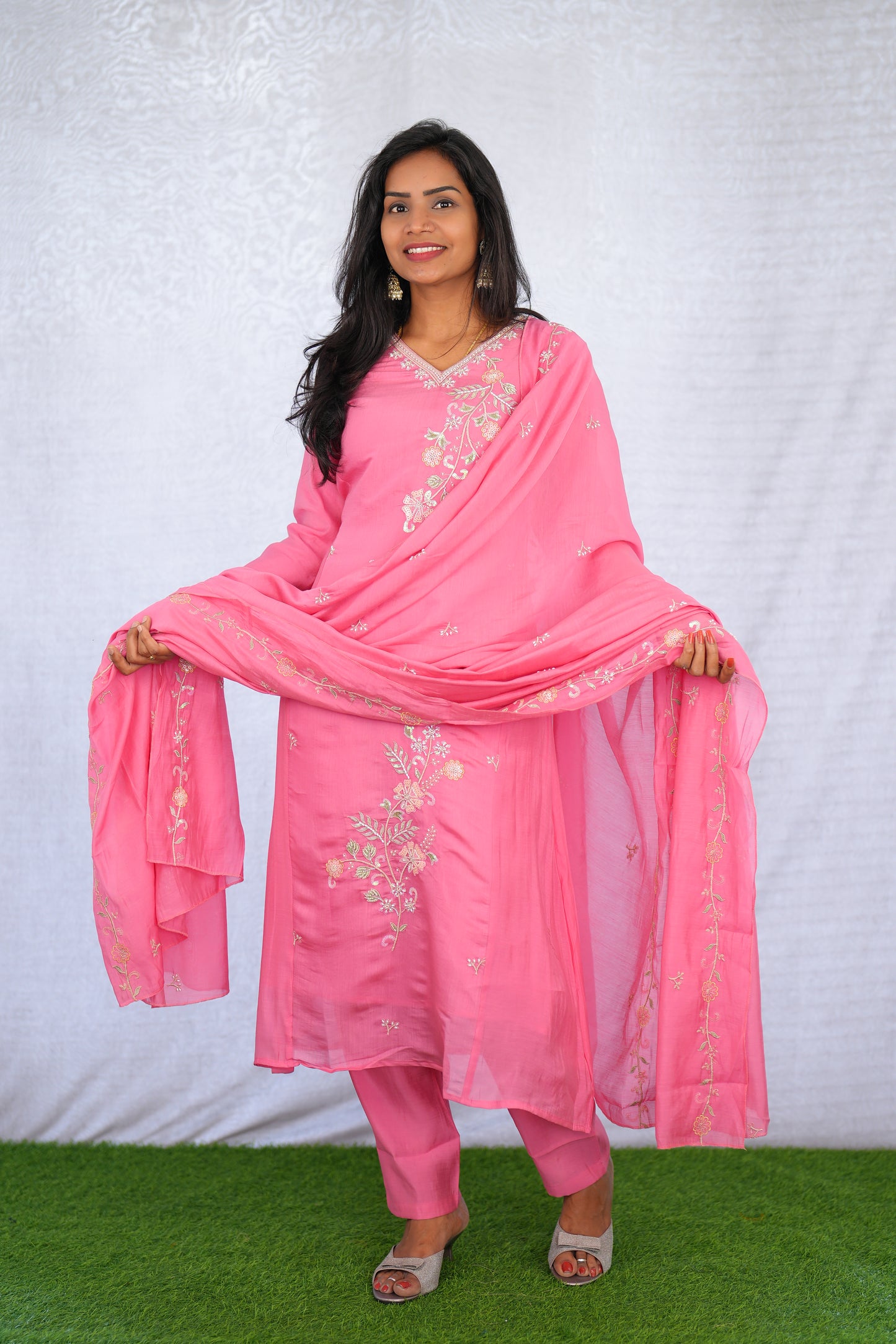 Pink Color Mul chanderi Party Wear 3 Piece set With Complete Lining