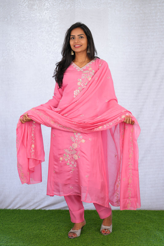 Pink Color Mul chanderi Party Wear 3 Piece set With Complete Lining