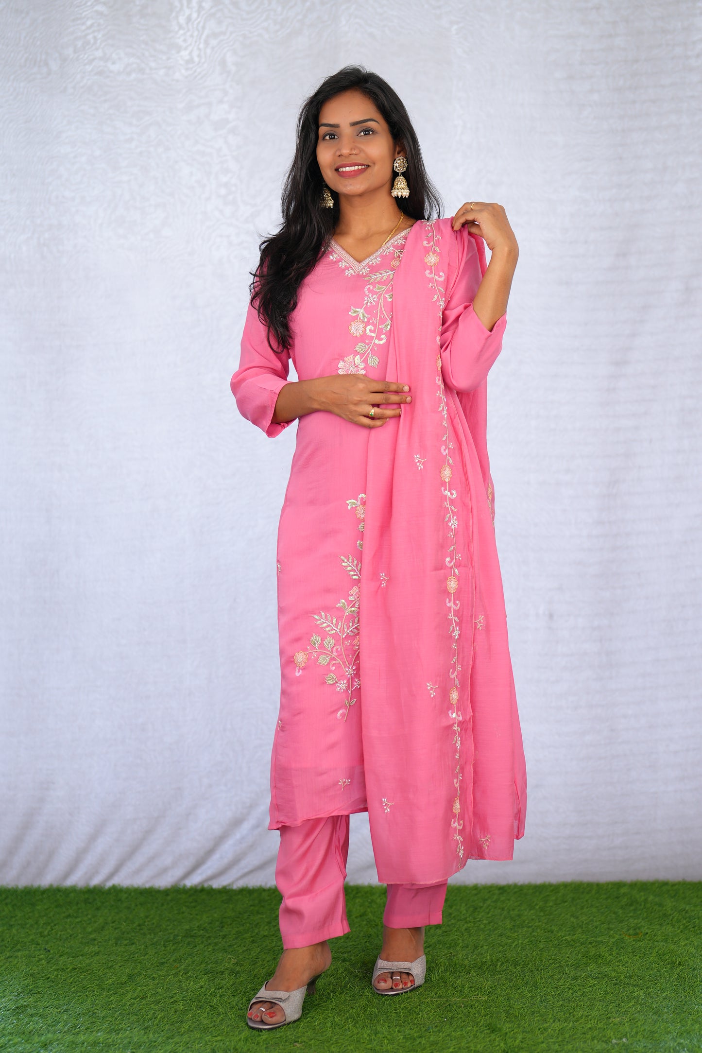 Pink Color Mul chanderi Party Wear 3 Piece set With Complete Lining