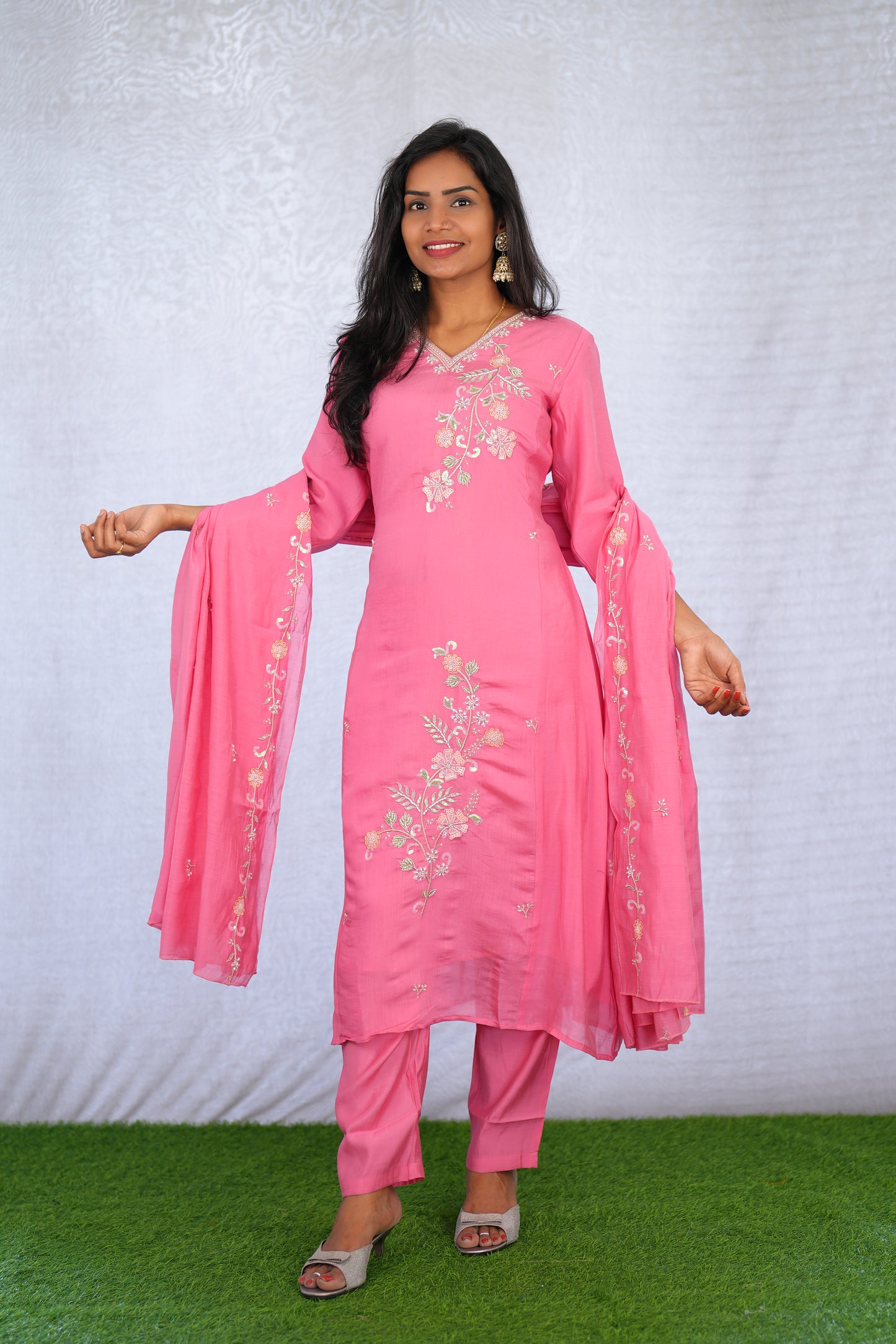 Pink Color Mul chanderi Party Wear 3 Piece set With Complete Lining