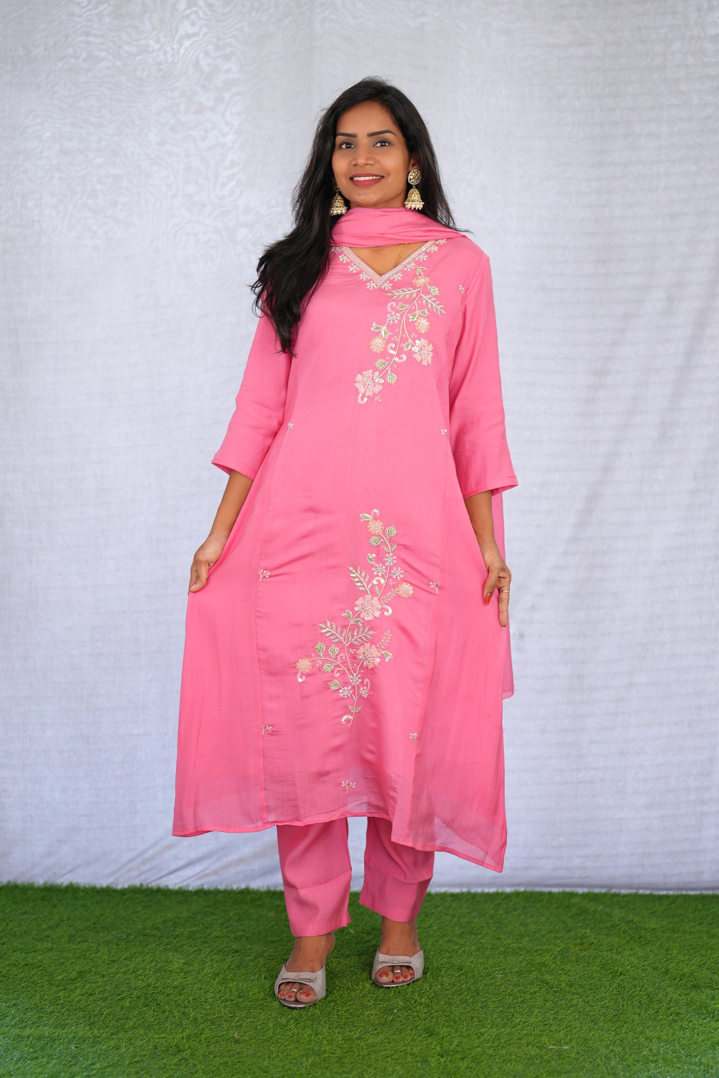 Pink Color Mul chanderi Party Wear 3 Piece set With Complete Lining