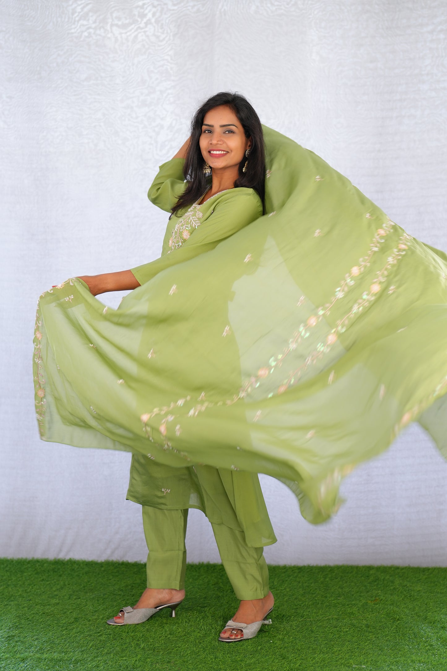 Olive Green Color Mul chanderi Party Wear 3 Piece set With Complete Lining