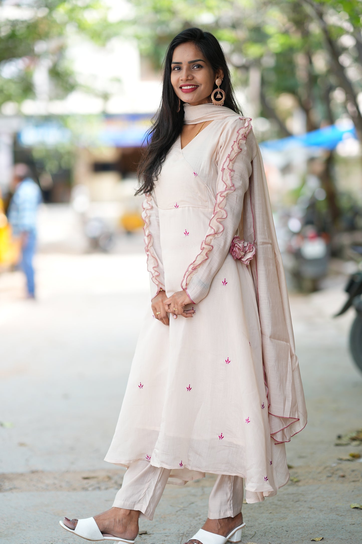 Biege Colour Boutique Style Mul Chanderi Designer 3 Piece Set