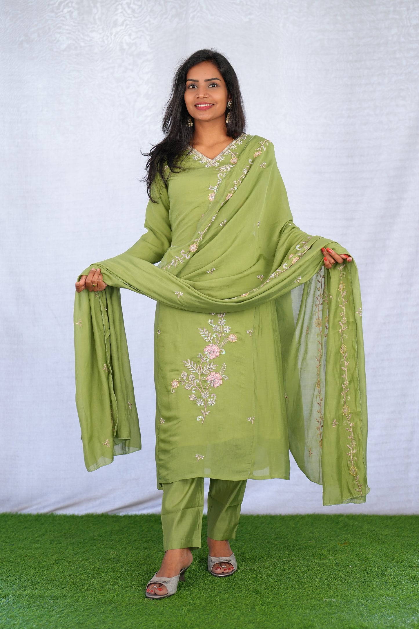 Olive Green Color Mul chanderi Party Wear 3 Piece set With Complete Lining