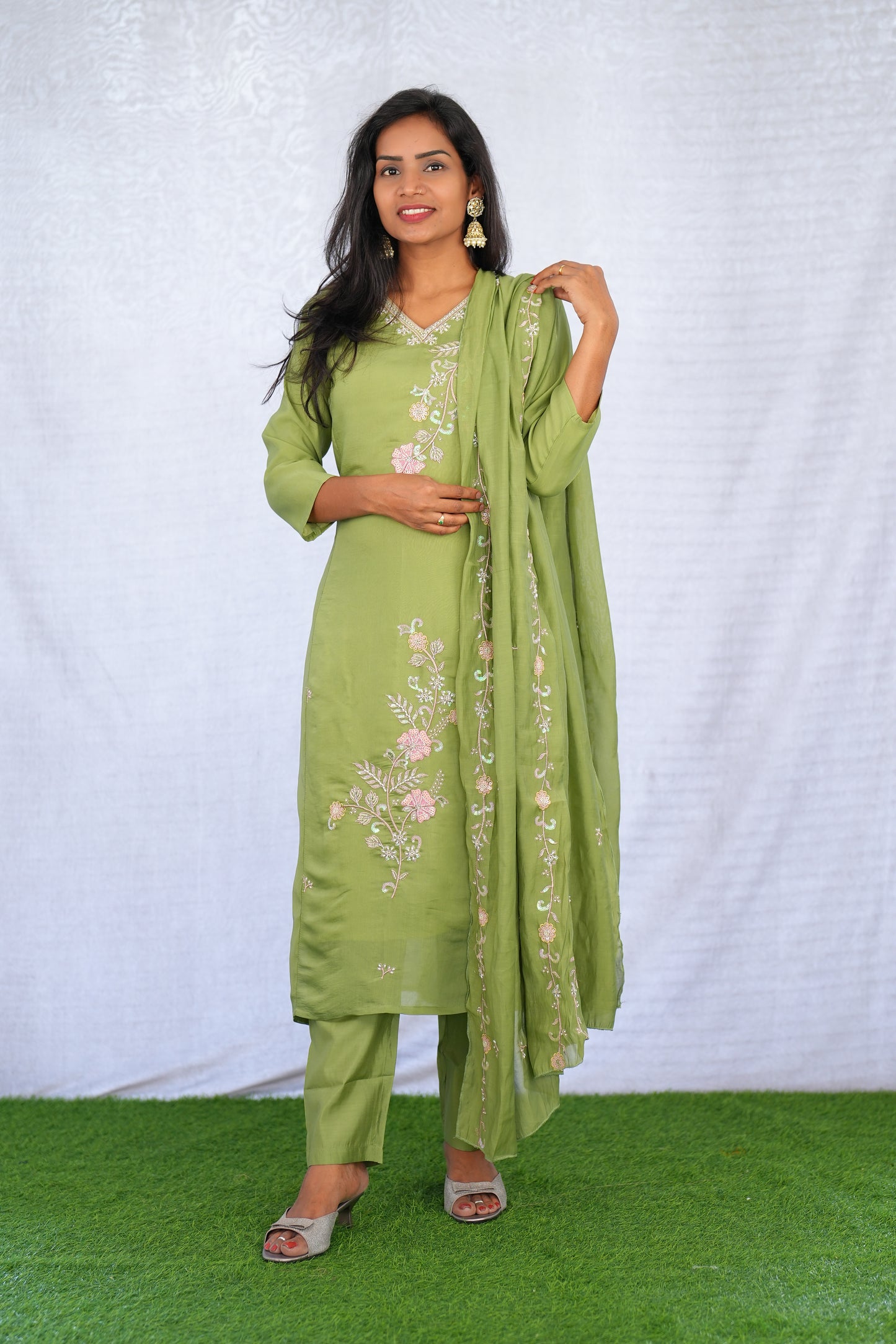 Olive Green Color Mul chanderi Party Wear 3 Piece set With Complete Lining