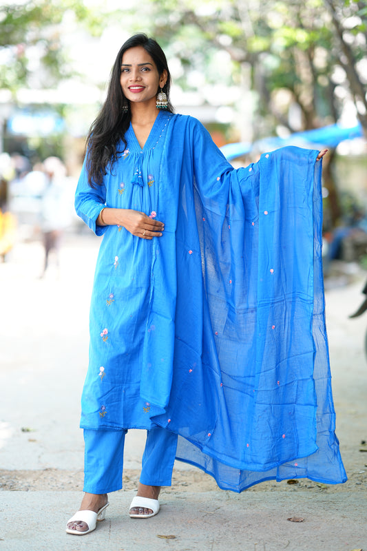 Designer Wear Royal Blue Color Mul Cotton 3 Piece Set With Complete Lining