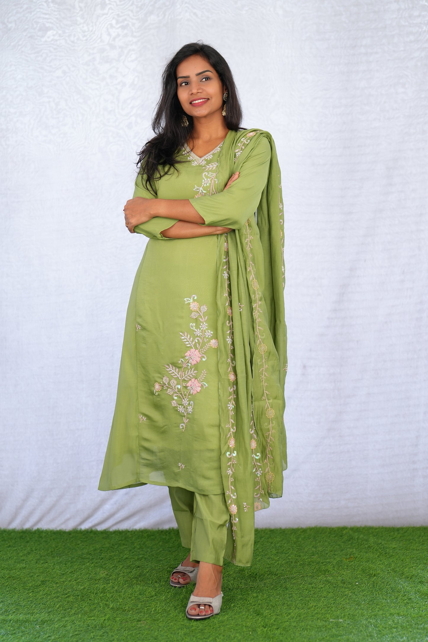 Olive Green Color Mul chanderi Party Wear 3 Piece set With Complete Lining