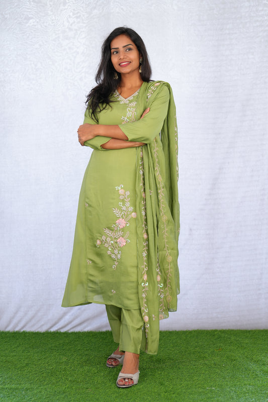 Olive Green Color Mul chanderi Party Wear 3 Piece set With Complete Lining