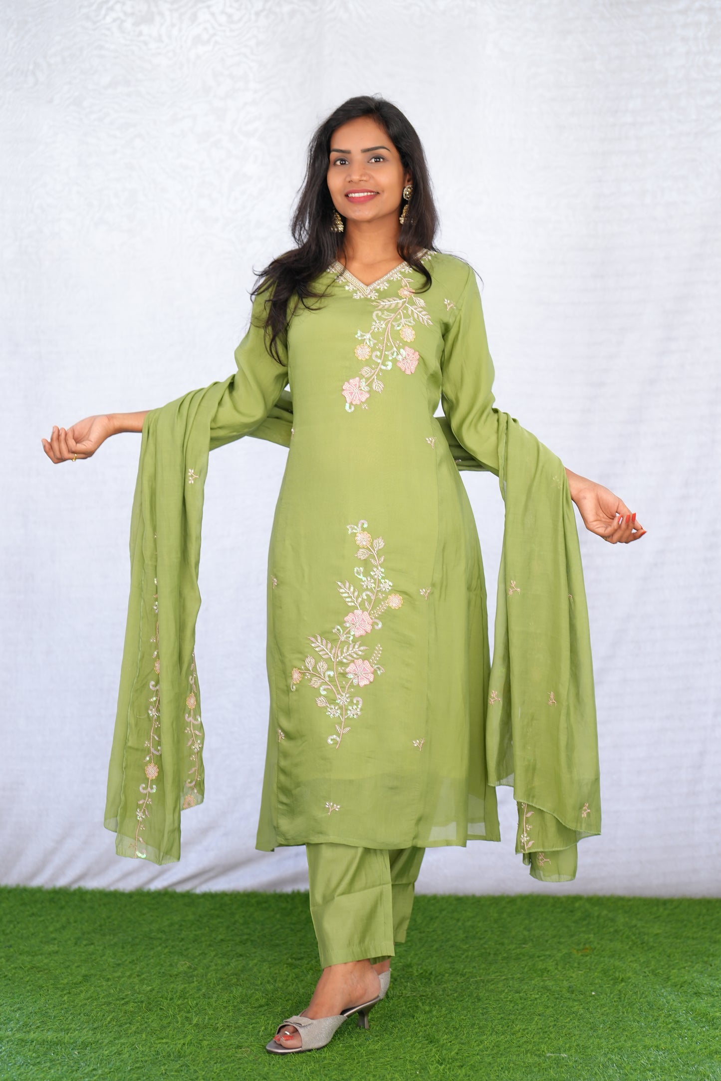 Olive Green Color Mul chanderi Party Wear 3 Piece set With Complete Lining