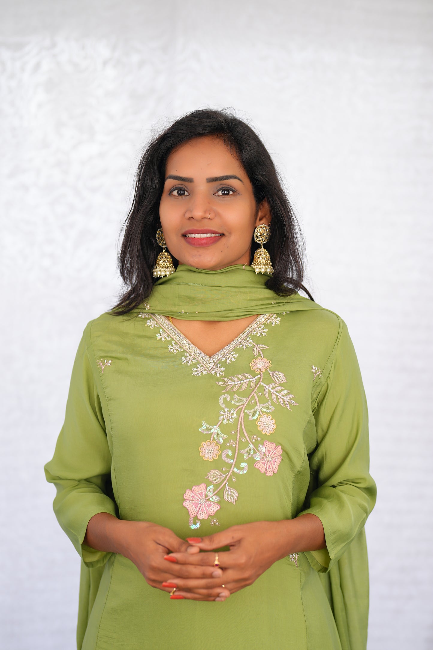 Olive Green Color Mul chanderi Party Wear 3 Piece set With Complete Lining