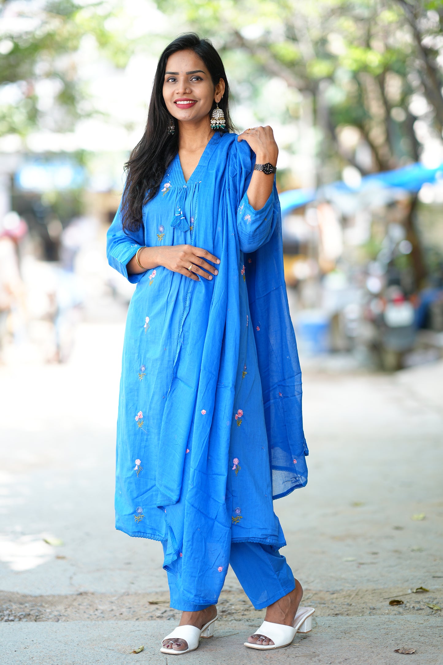 Designer Wear Royal Blue Color Mul Cotton 3 Piece Set With Complete Lining