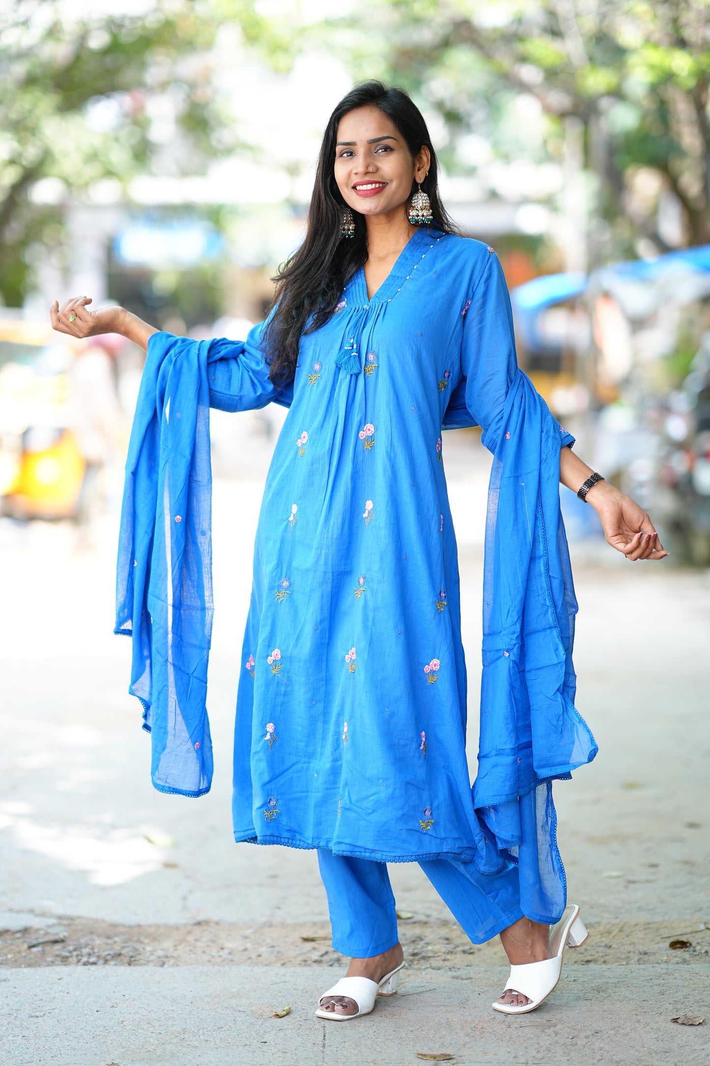 Designer Wear Royal Blue Color Mul Cotton 3 Piece Set With Complete Lining