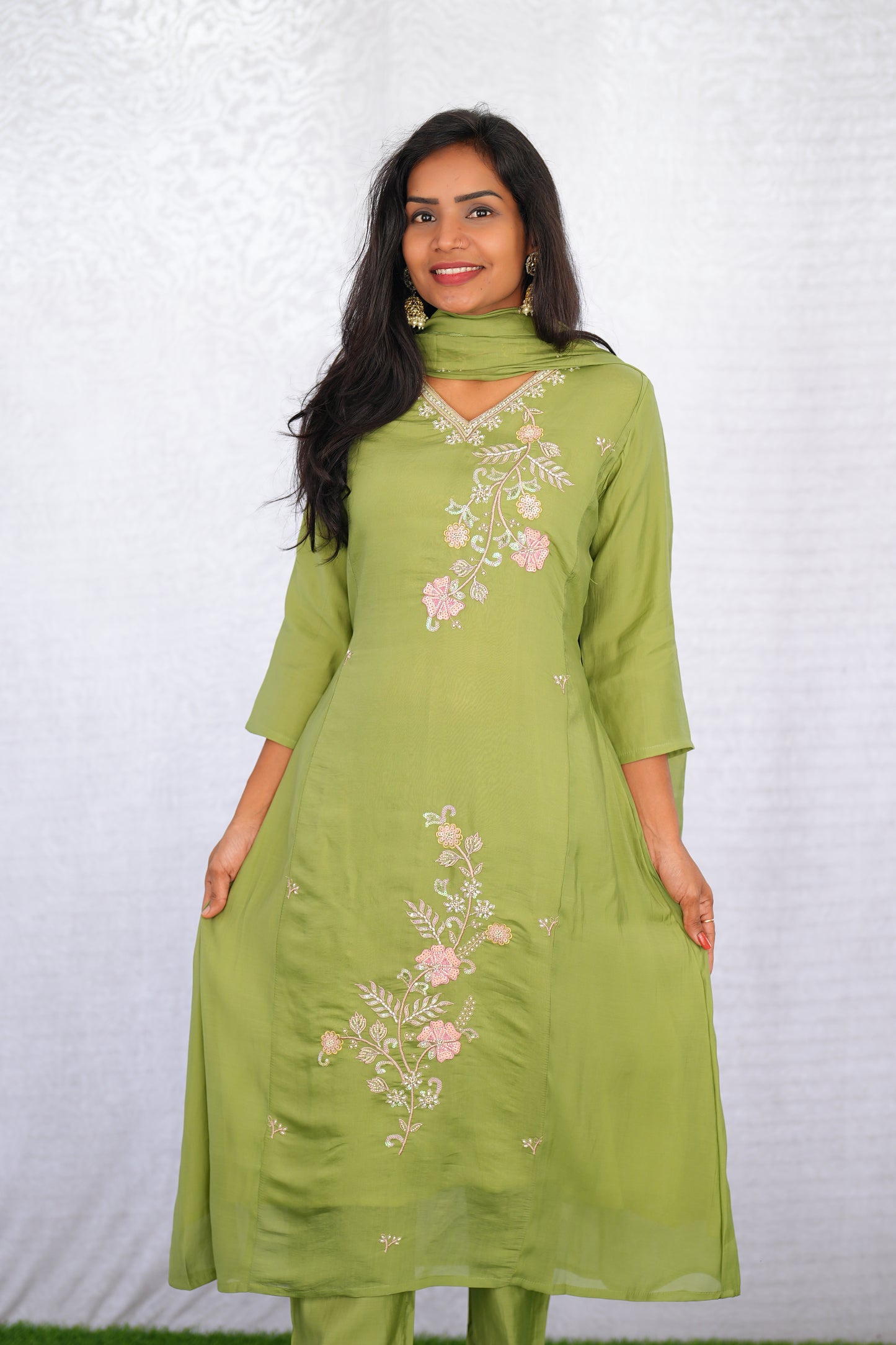 Olive Green Color Mul chanderi Party Wear 3 Piece set With Complete Lining