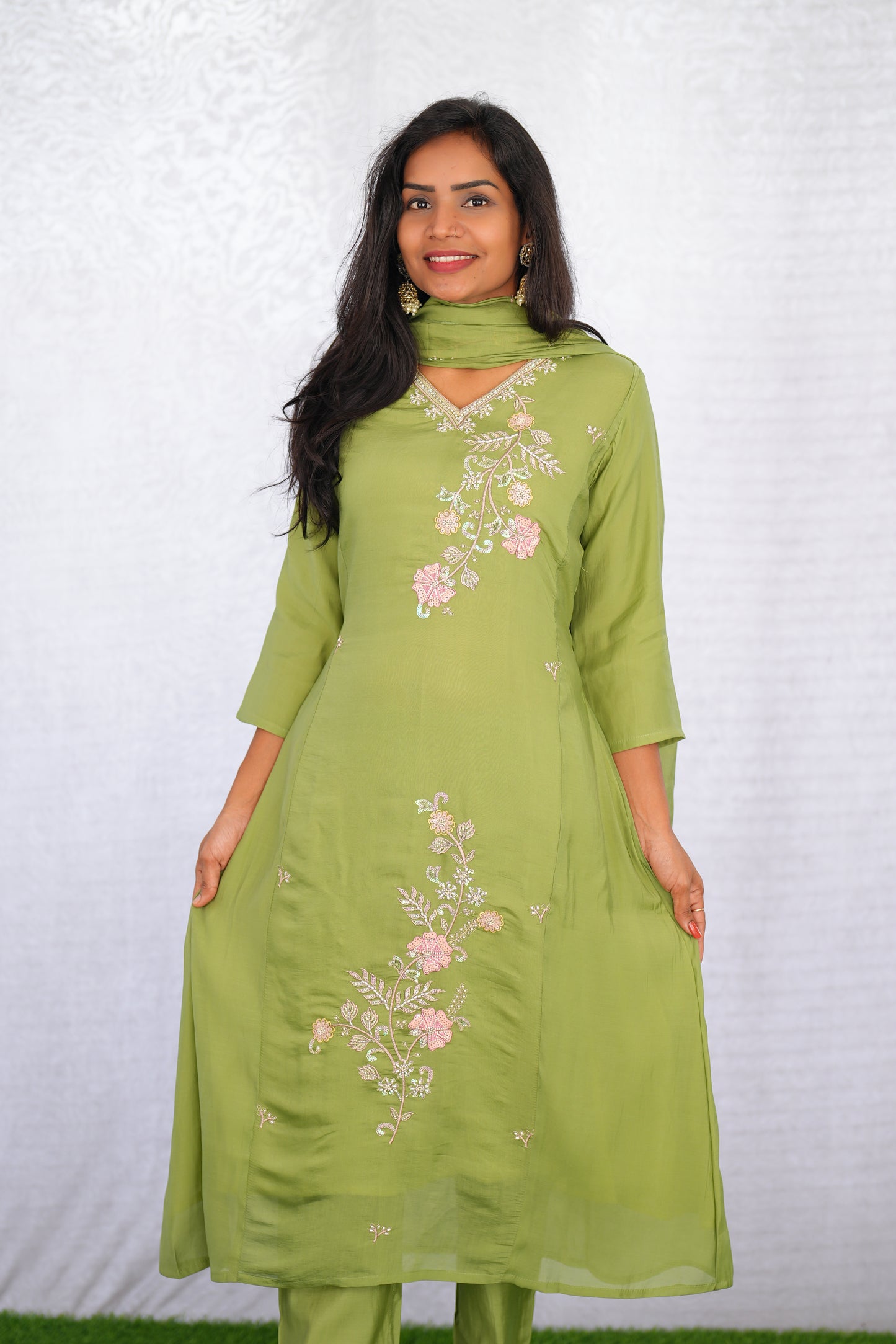 Olive Green Color Mul chanderi Party Wear 3 Piece set With Complete Lining