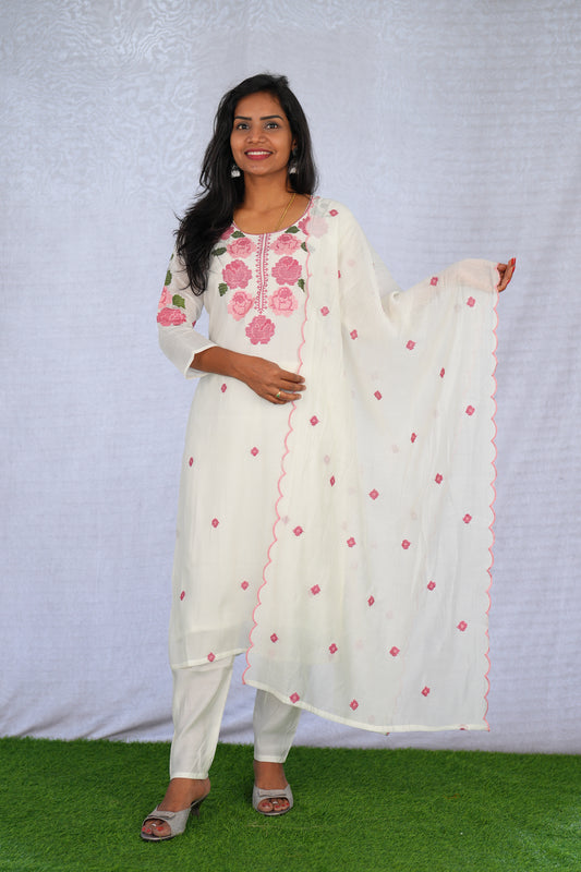 White Color Mul Chanderi 3 Piece Set With Mesh Embroidery and Complete Lining