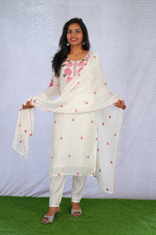 White Color Mul Chanderi 3 Piece Set With Mesh Embroidery and Complete Lining