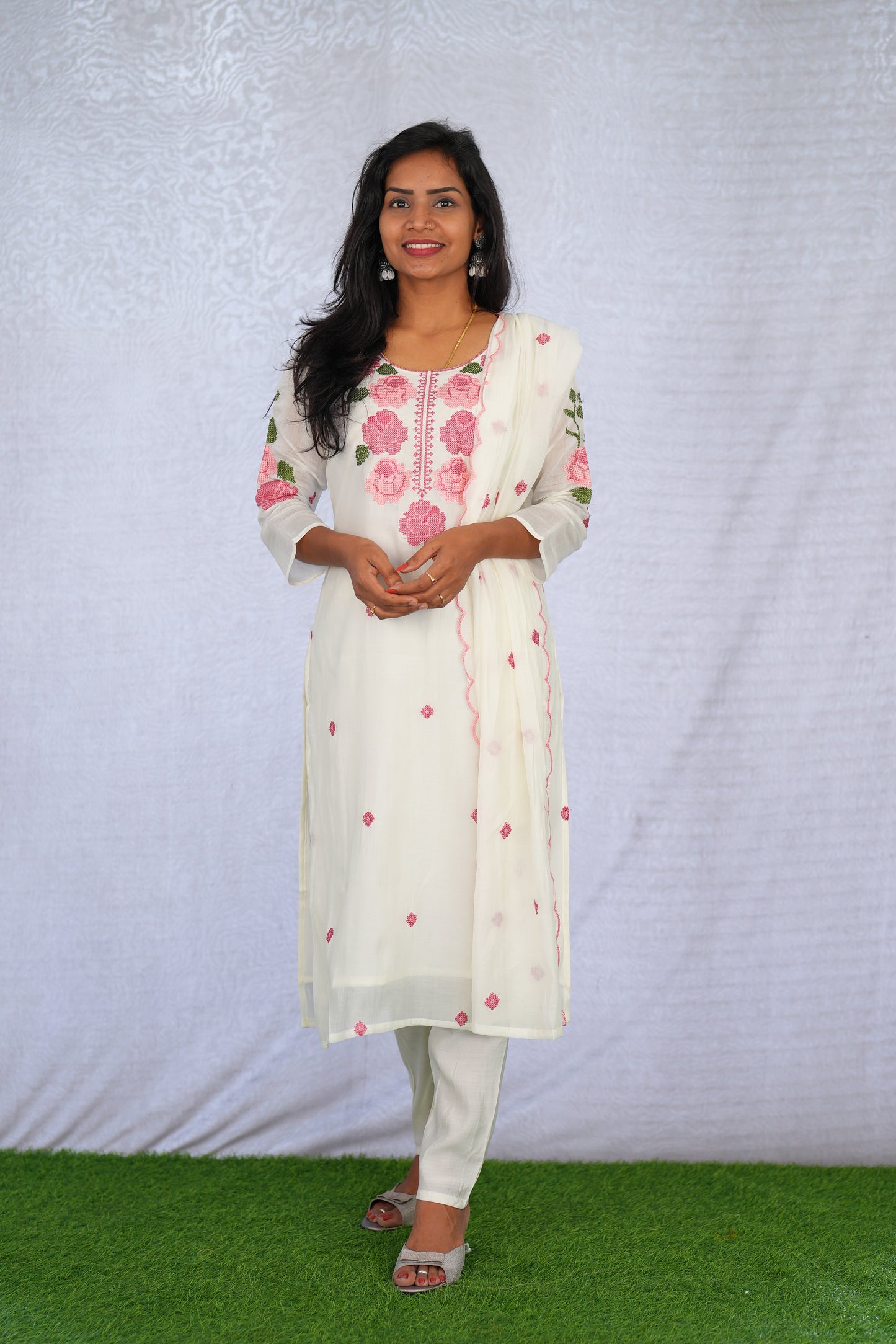 White Color Mul Chanderi 3 Piece Set With Mesh Embroidery and Complete Lining