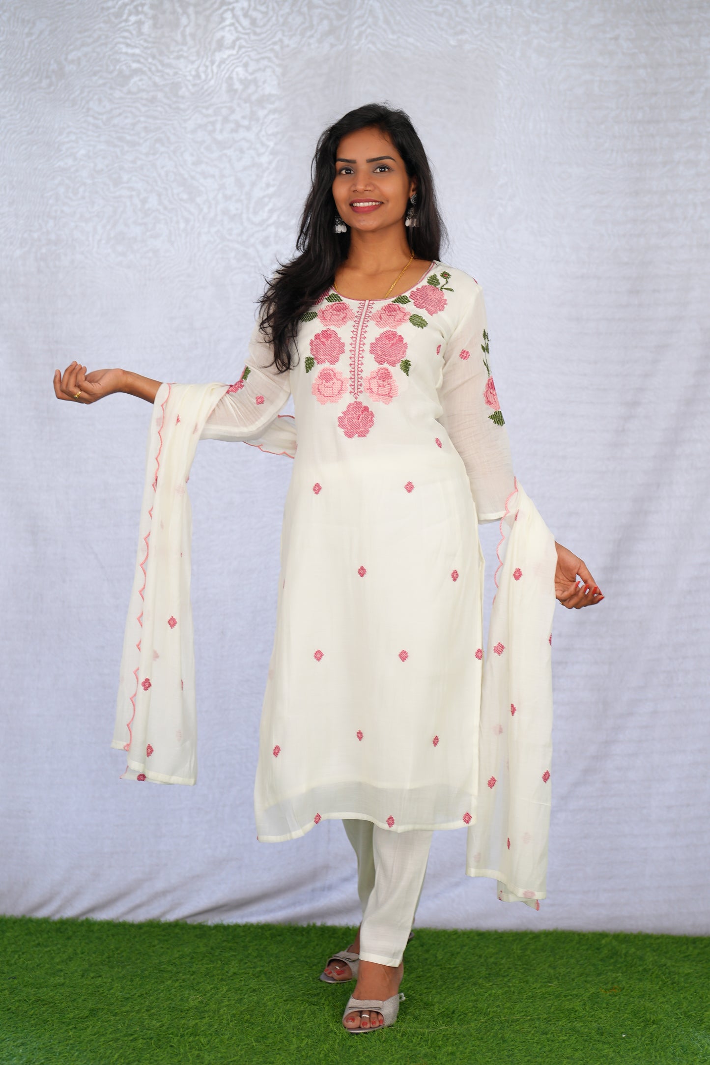 White Color Mul Chanderi 3 Piece Set With Mesh Embroidery and Complete Lining