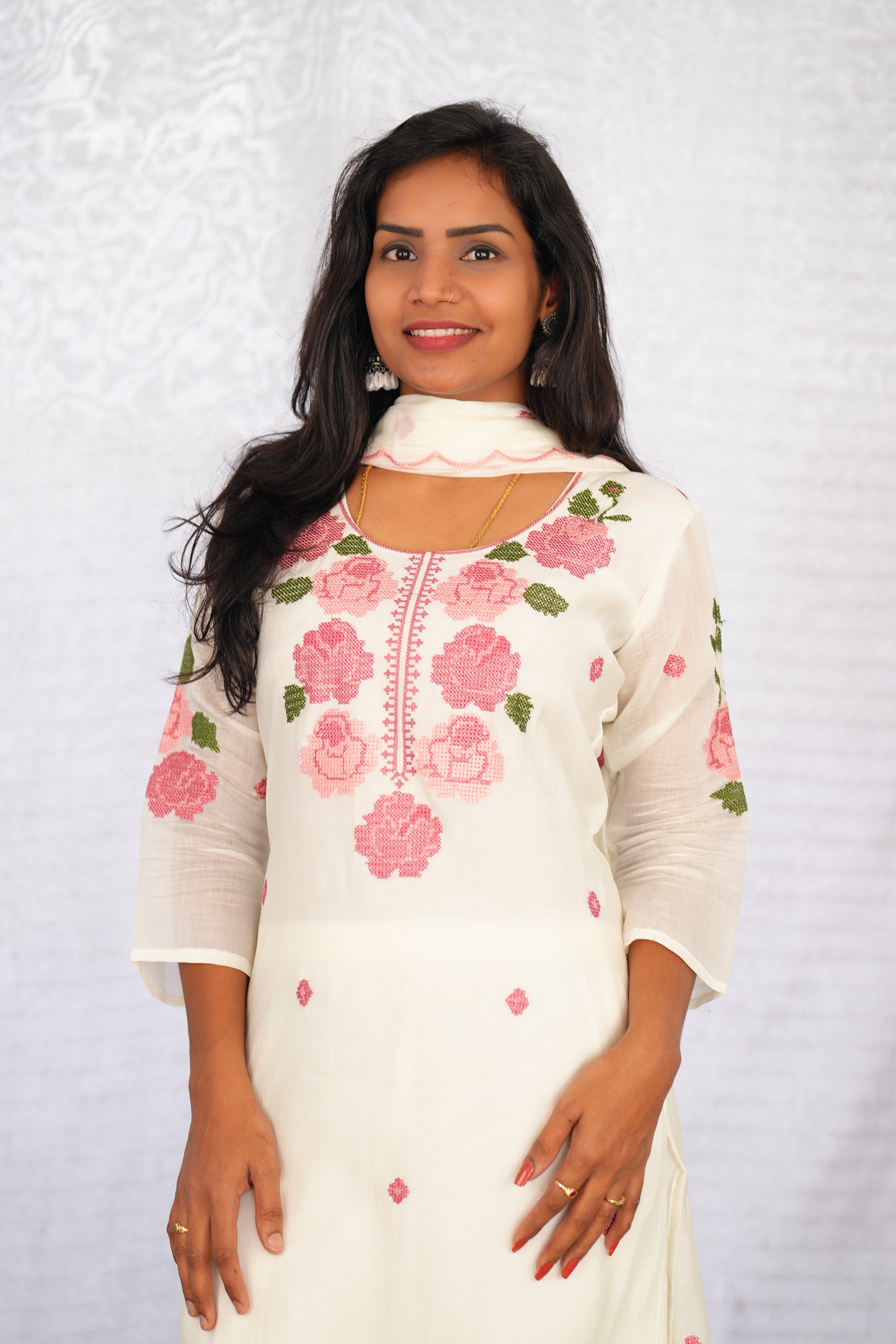White Color Mul Chanderi 3 Piece Set With Mesh Embroidery and Complete Lining