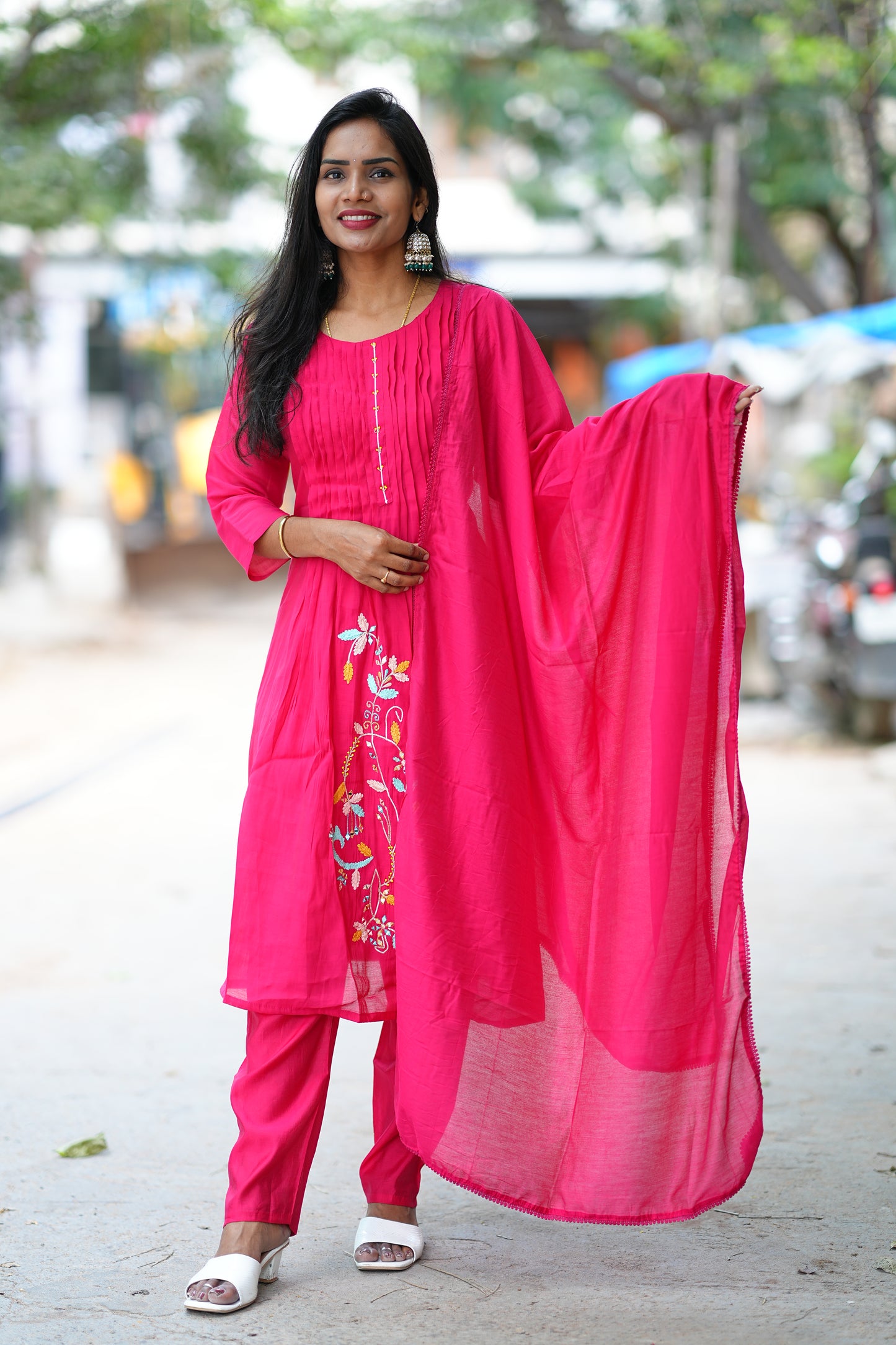 Rani Pink Designer Wear Mul Chanderi 3 Piece Set