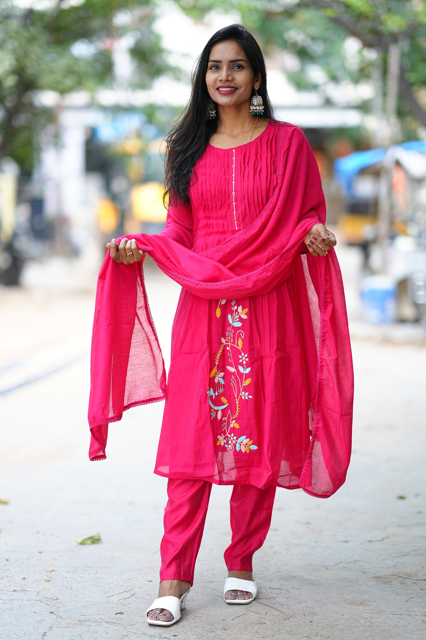 Rani Pink Designer Wear Mul Chanderi 3 Piece Set