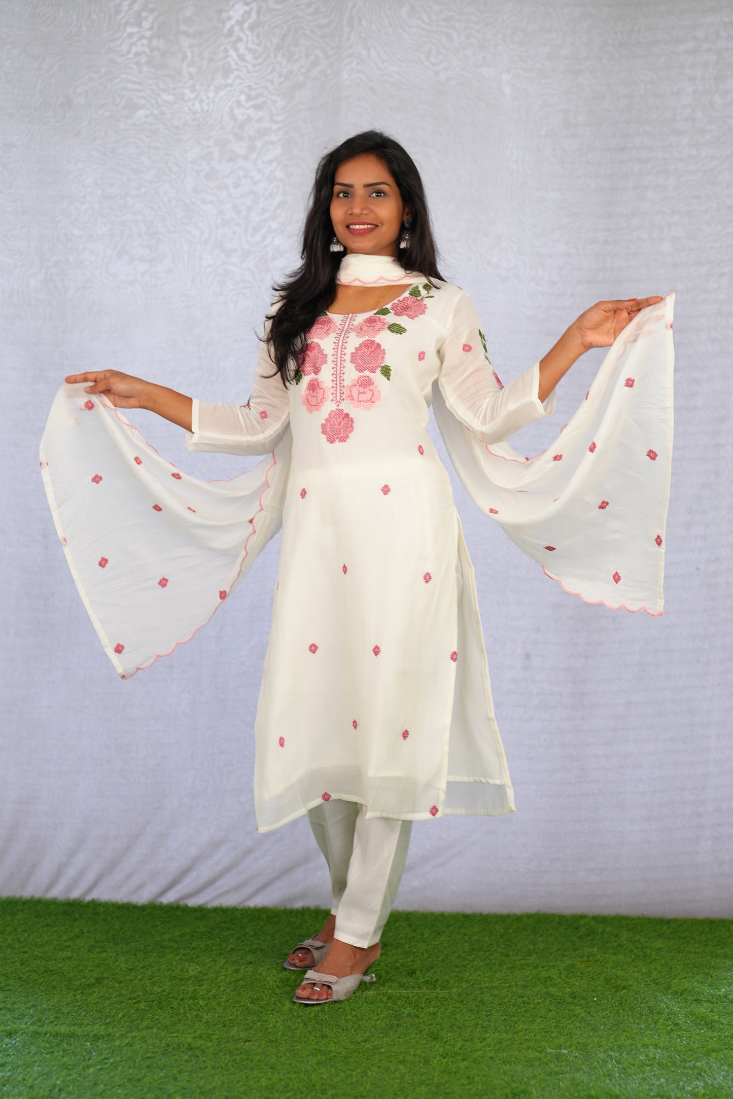 White Color Mul Chanderi 3 Piece Set With Mesh Embroidery and Complete Lining