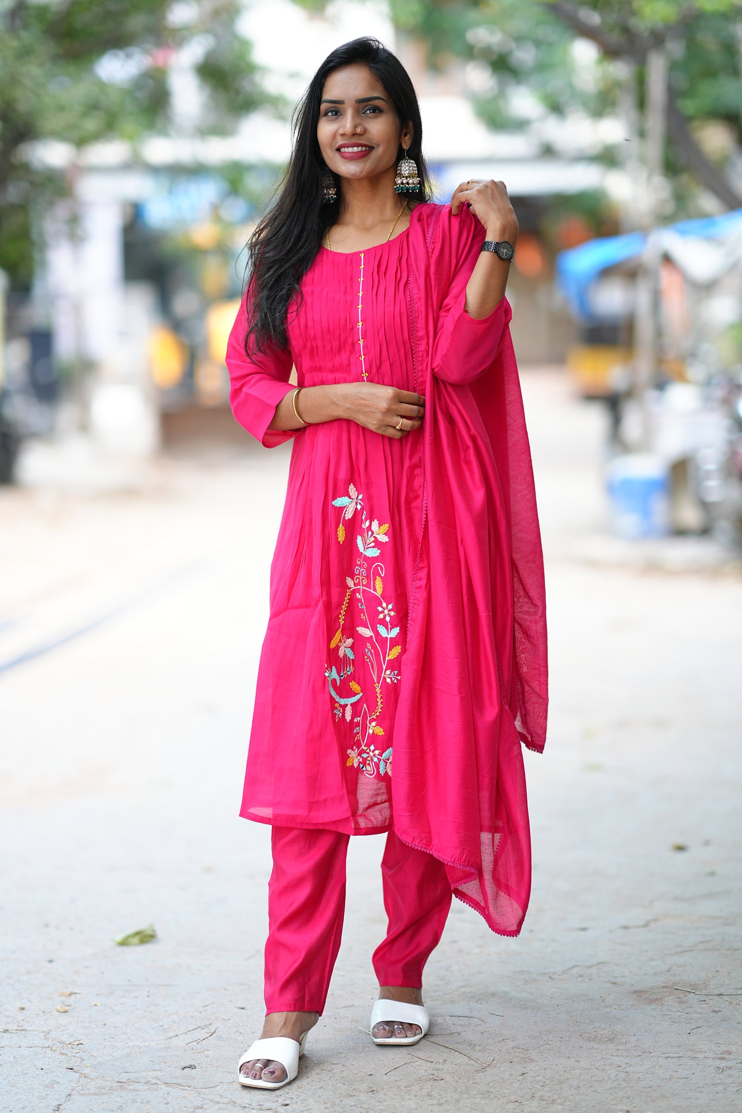 Rani Pink Designer Wear Mul Chanderi 3 Piece Set