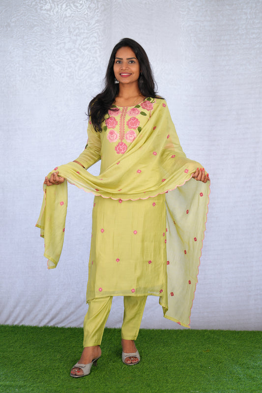 Lime Green Color Mul Chanderi 3 Piece Set With Mesh Embroidery and Complete Lining