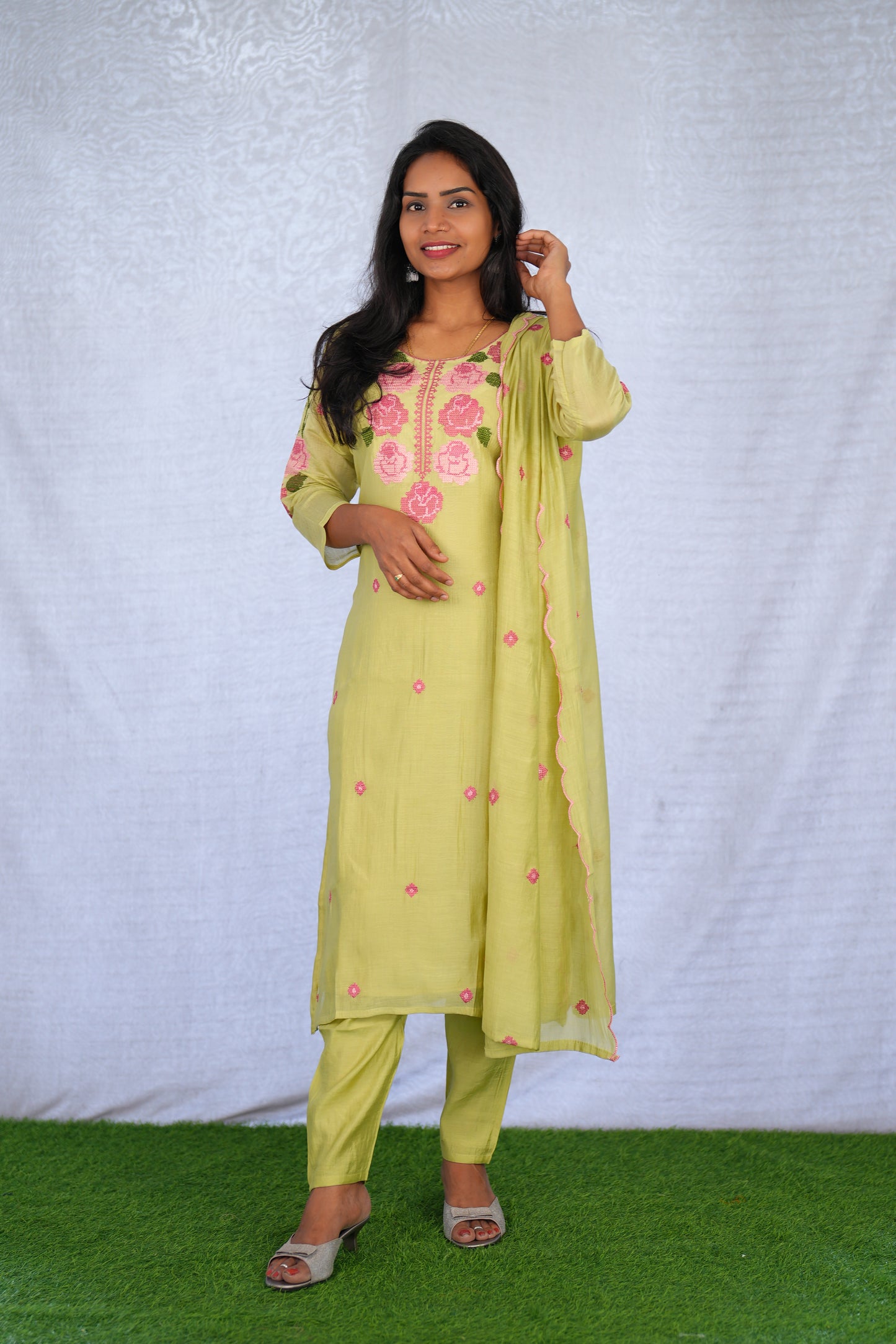 Lime Green Color Mul Chanderi 3 Piece Set With Mesh Embroidery and Complete Lining