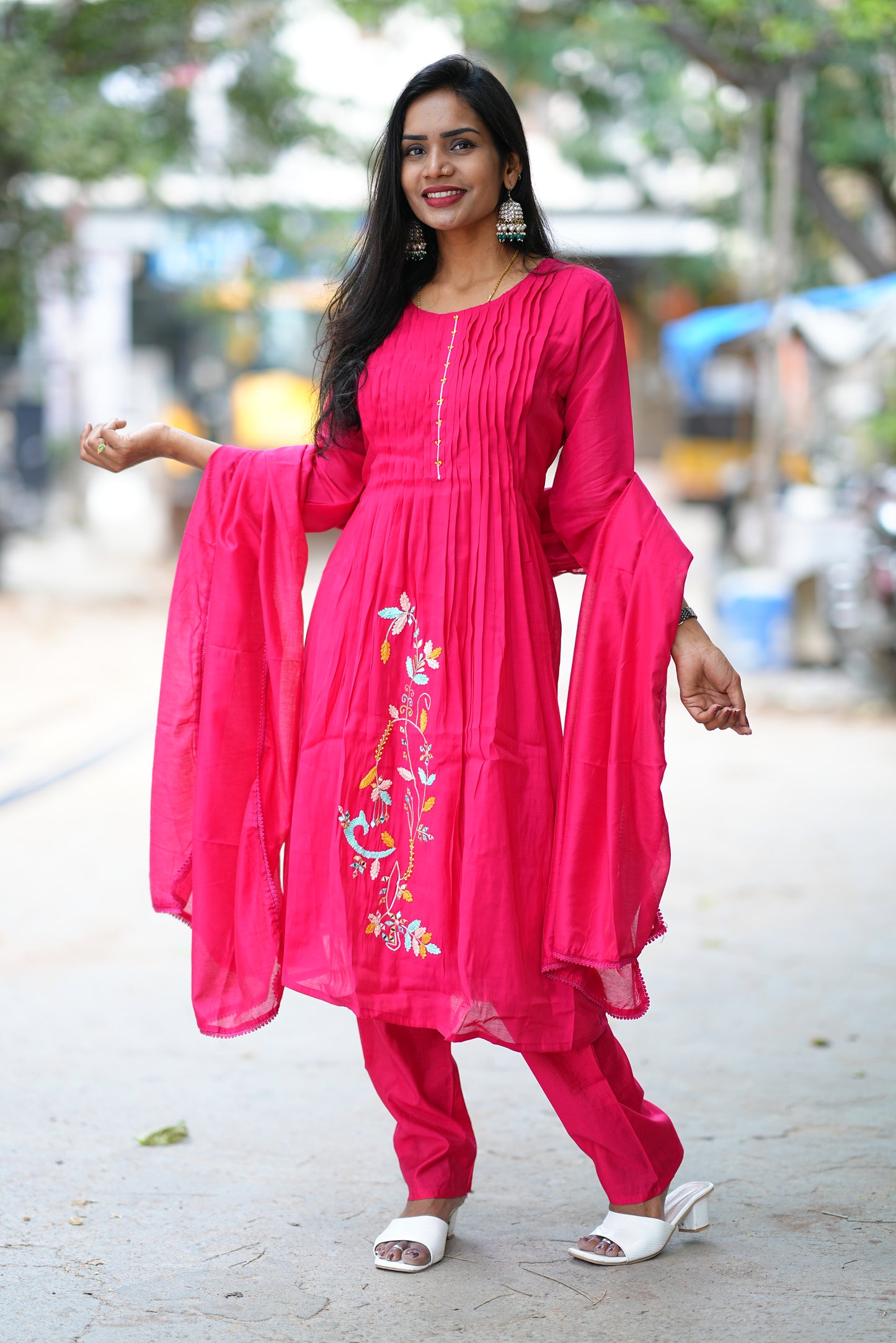 Rani Pink Designer Wear Mul Chanderi 3 Piece Set