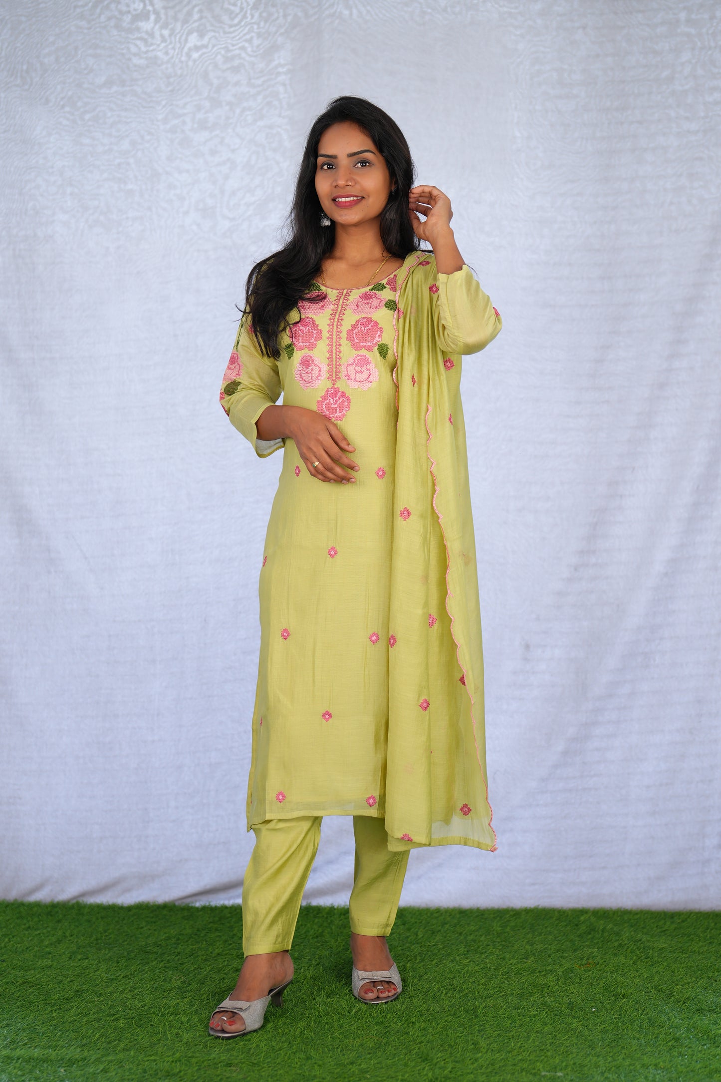 Lime Green Color Mul Chanderi 3 Piece Set With Mesh Embroidery and Complete Lining