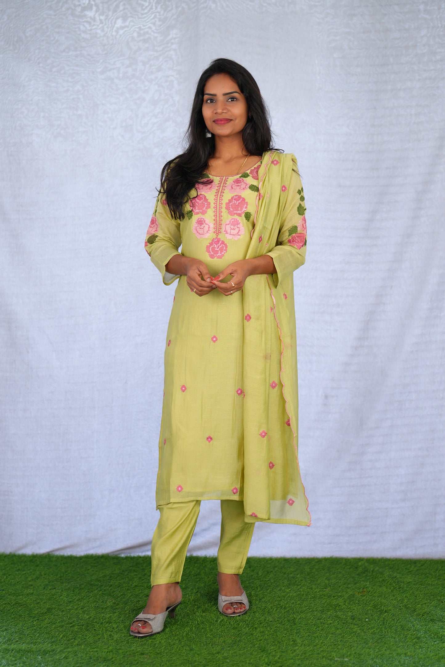 Lime Green Color Mul Chanderi 3 Piece Set With Mesh Embroidery and Complete Lining