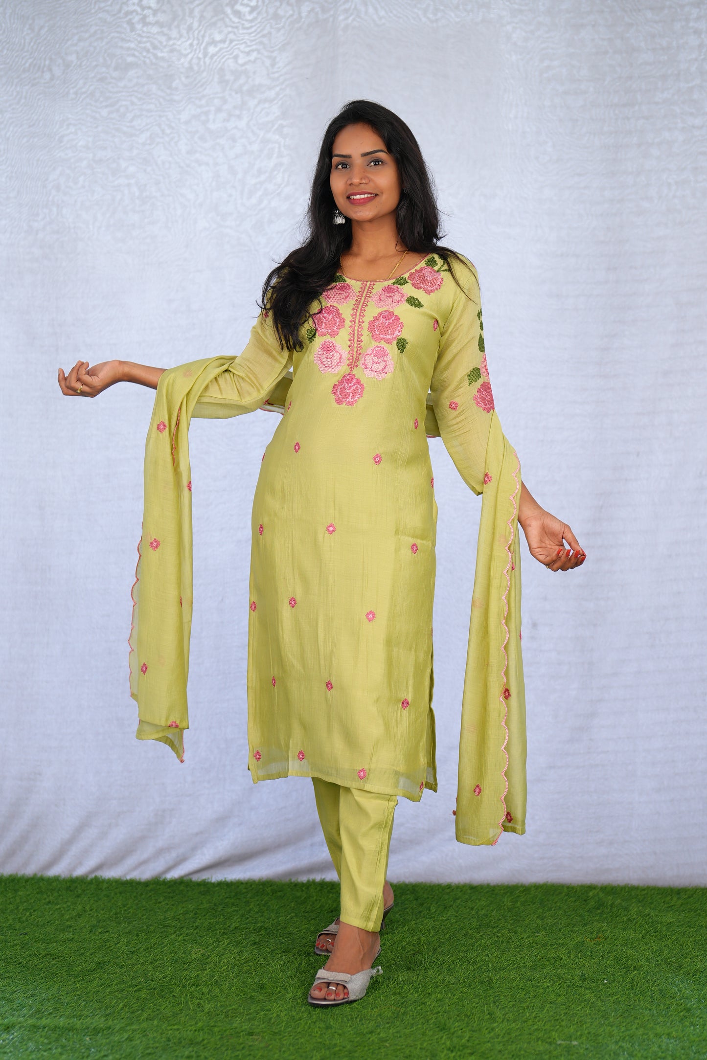 Lime Green Color Mul Chanderi 3 Piece Set With Mesh Embroidery and Complete Lining
