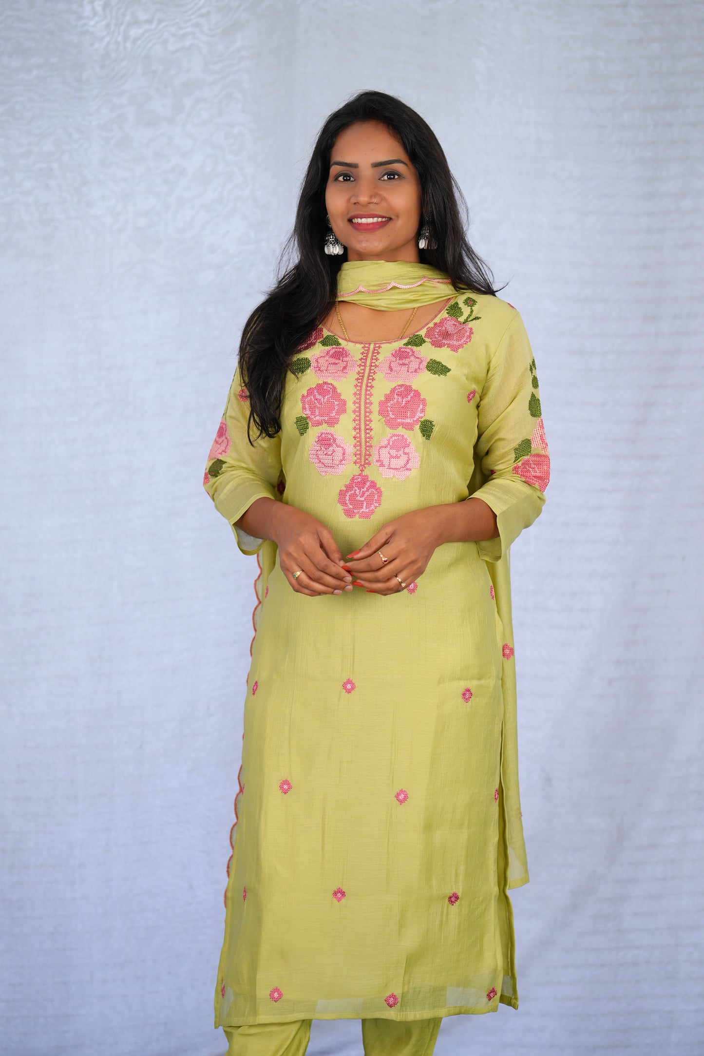 Lime Green Color Mul Chanderi 3 Piece Set With Mesh Embroidery and Complete Lining