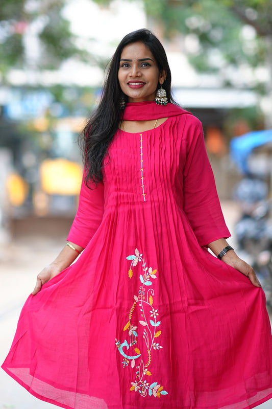 Rani Pink Designer Wear Mul Chanderi 3 Piece Set