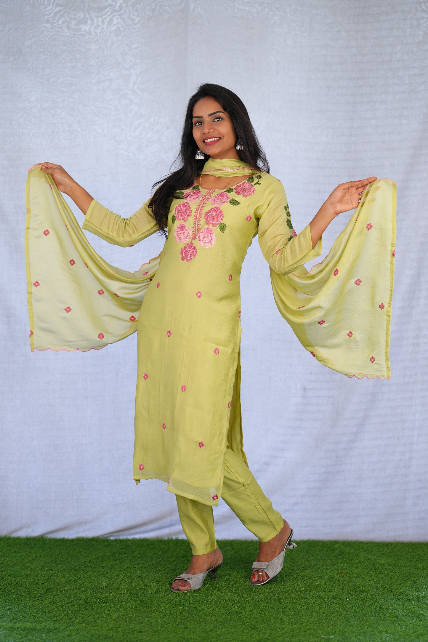 Lime Green Color Mul Chanderi 3 Piece Set With Mesh Embroidery and Complete Lining