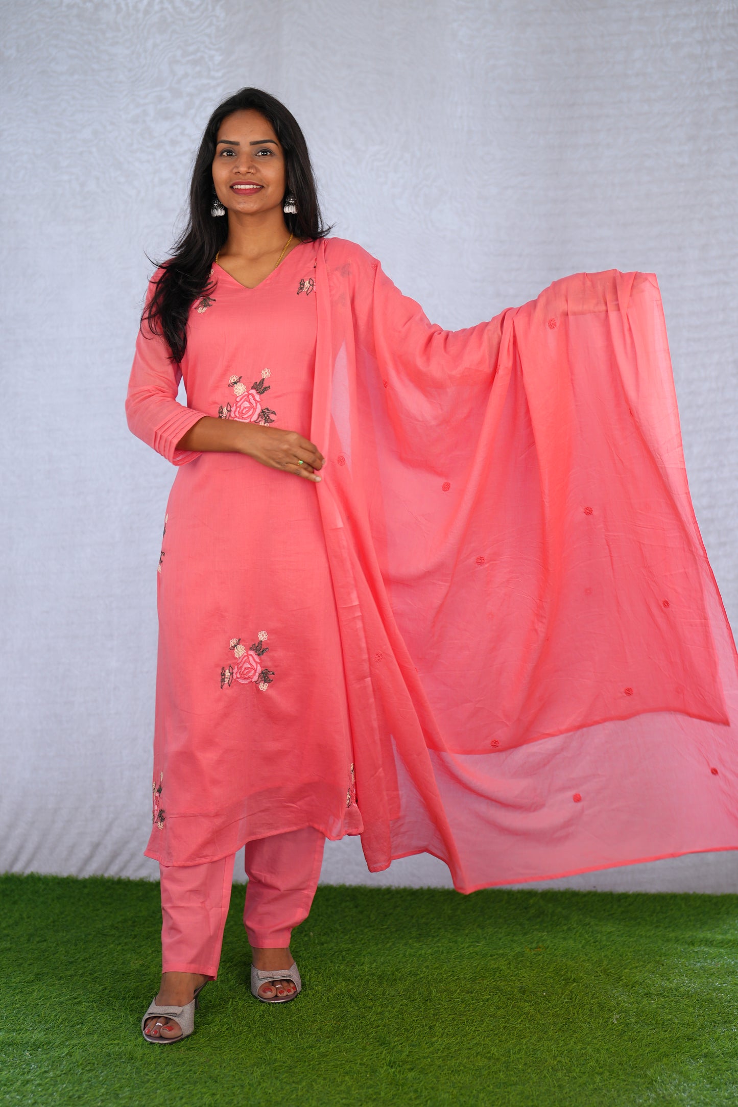 Pink Color Mul Cotton 3 Piece Set With Embroidery work and Complete Lining