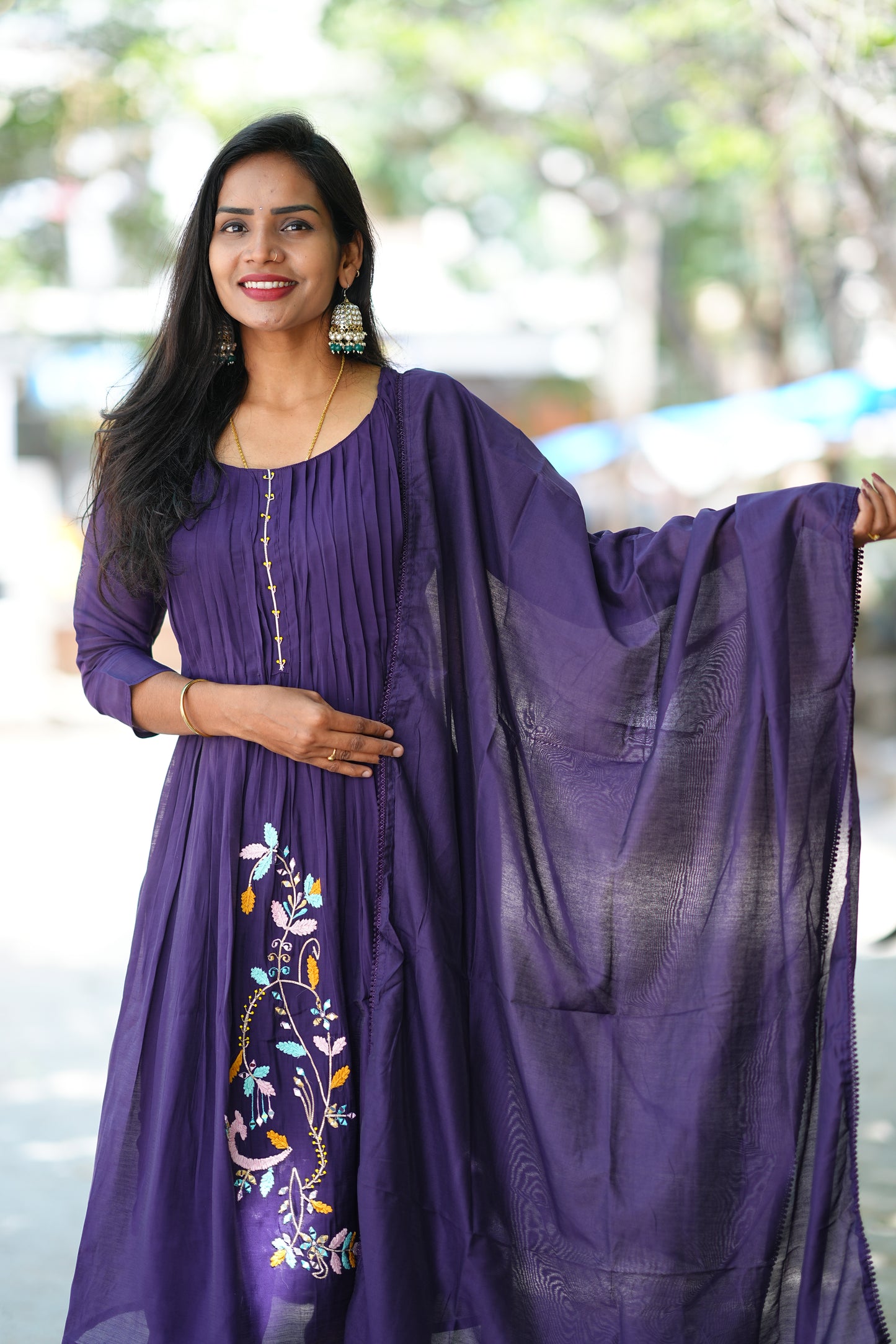 Purple Color Designer Wear Mul Chanderi 3 Piece Set