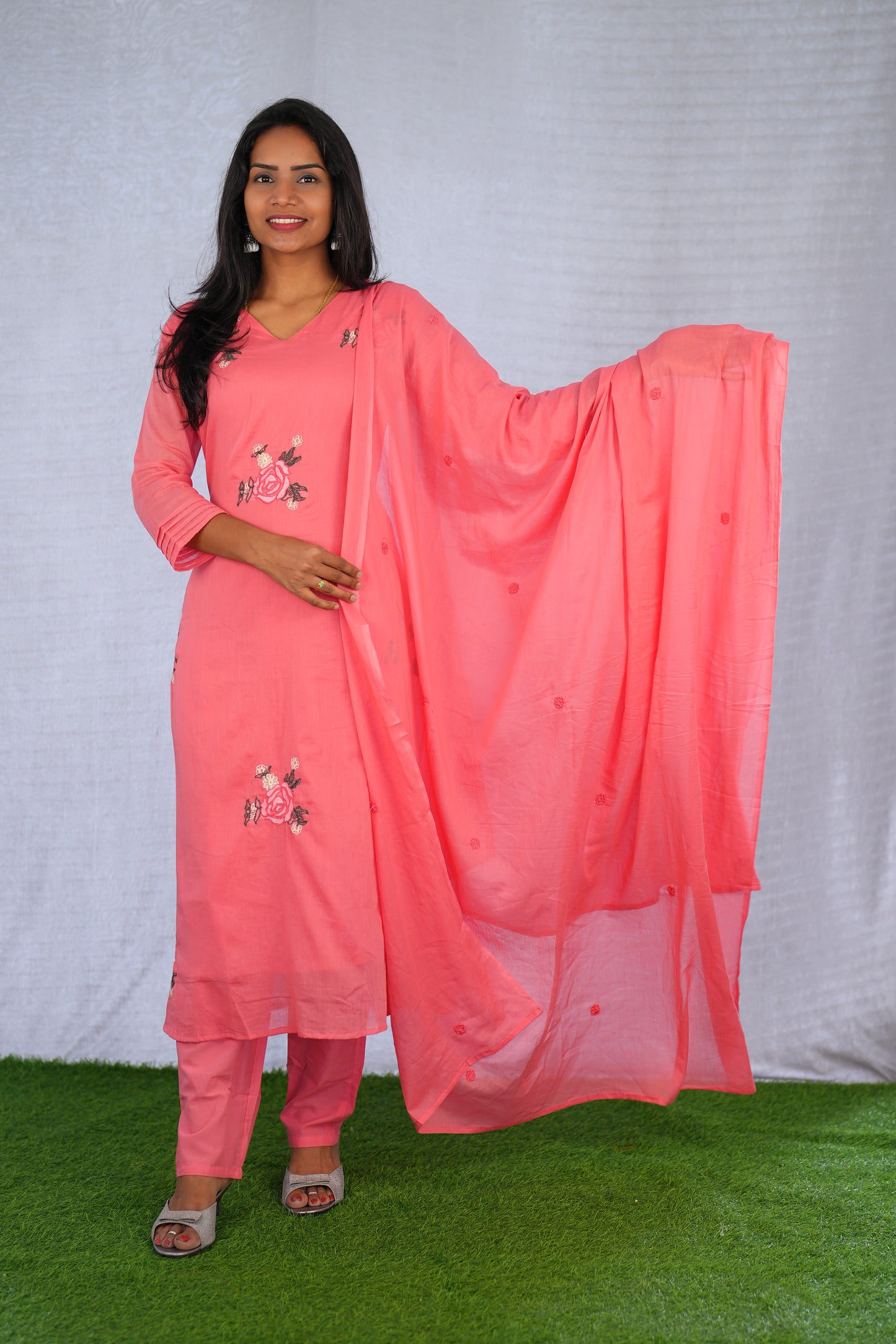 Pink Color Mul Cotton 3 Piece Set With Embroidery work and Complete Lining