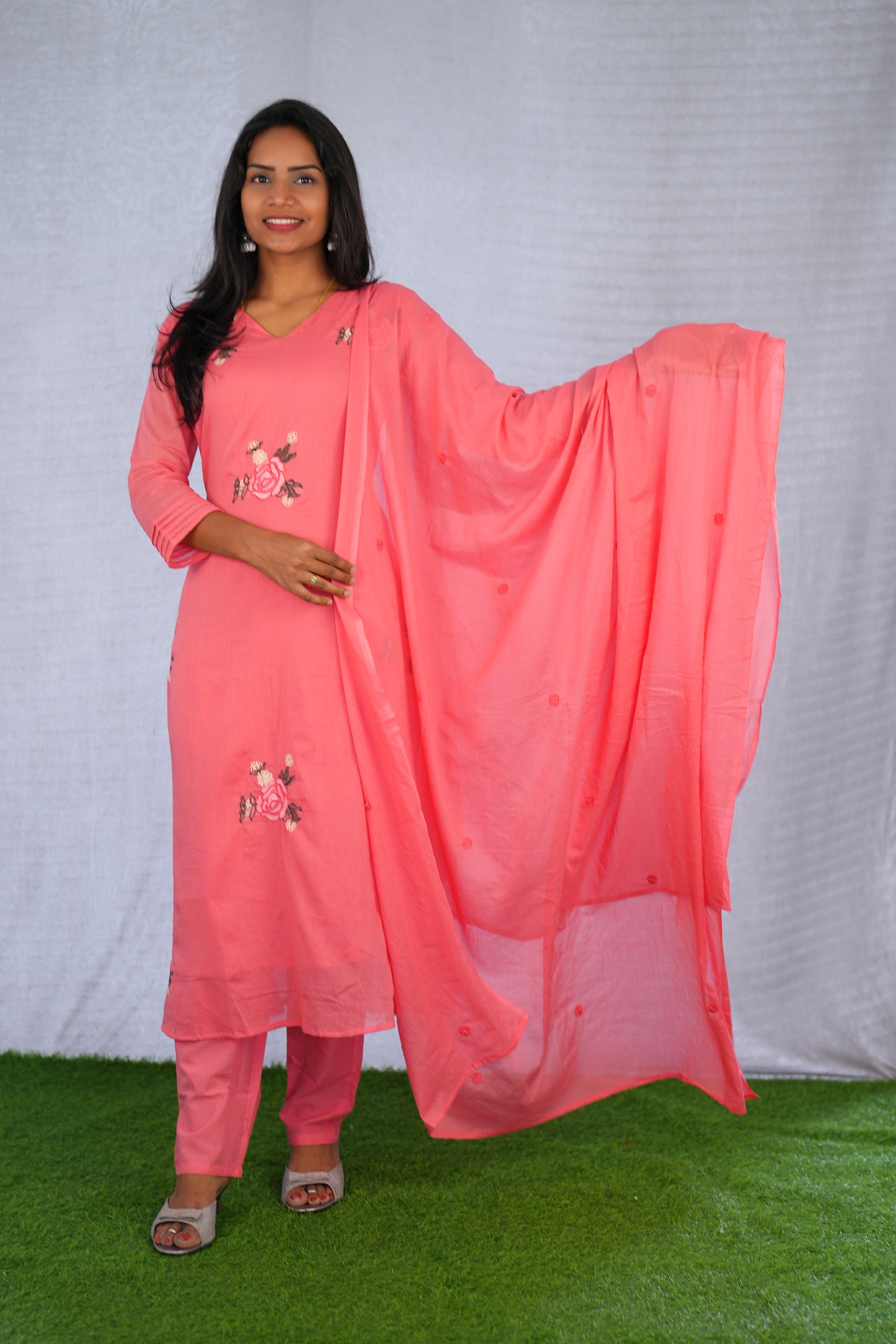 Pink Color Mul Cotton 3 Piece Set With Embroidery work and Complete Lining
