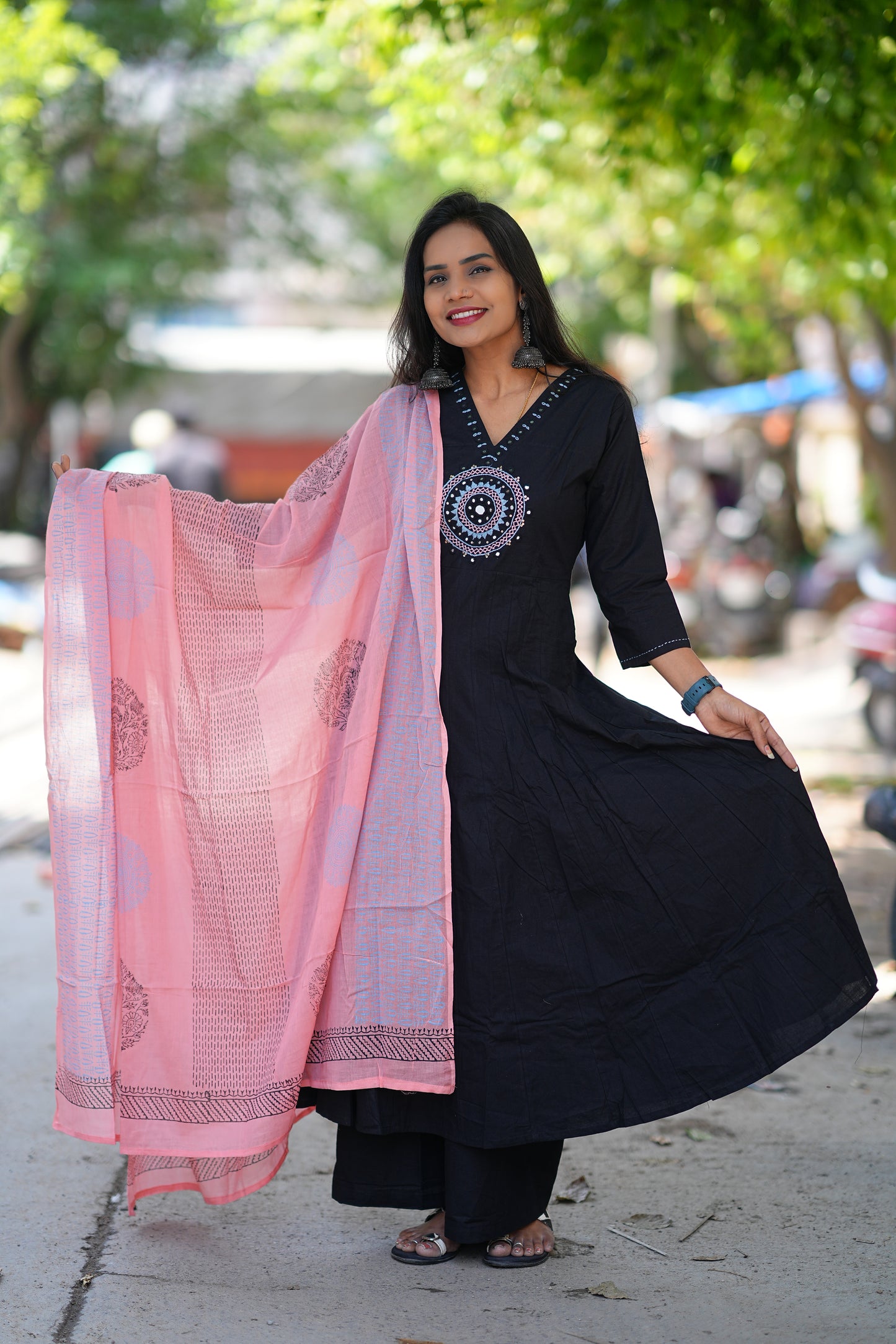 Black Color Kali Pattern Anarkali 3 Piece Set With Contrast Duppata