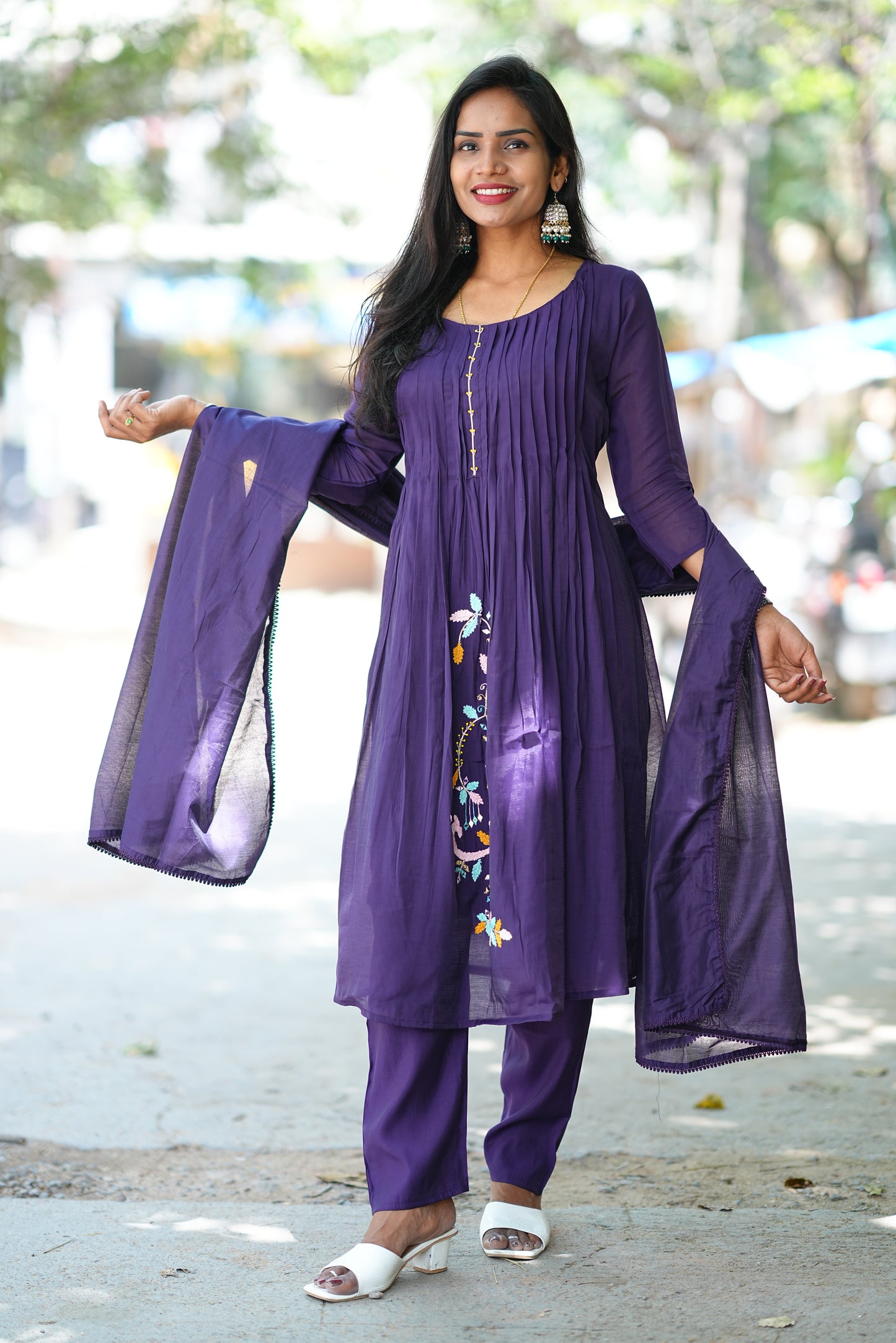 Purple Color Designer Wear Mul Chanderi 3 Piece Set