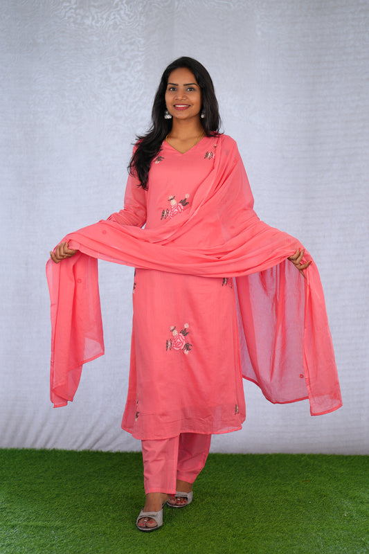 Pink Color Mul Cotton 3 Piece Set With Embroidery work and Complete Lining