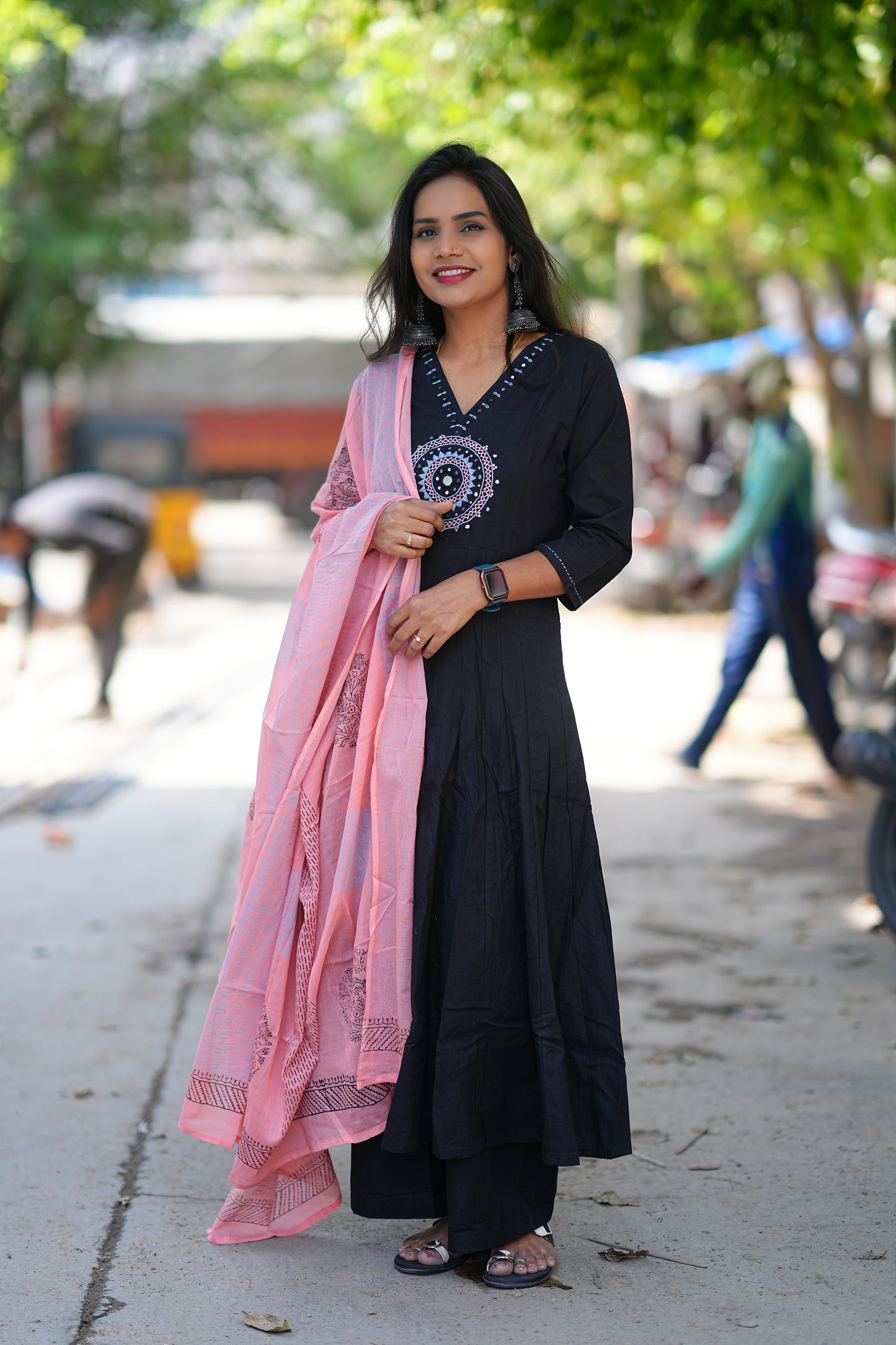 Black Color Kali Pattern Anarkali 3 Piece Set With Contrast Duppata