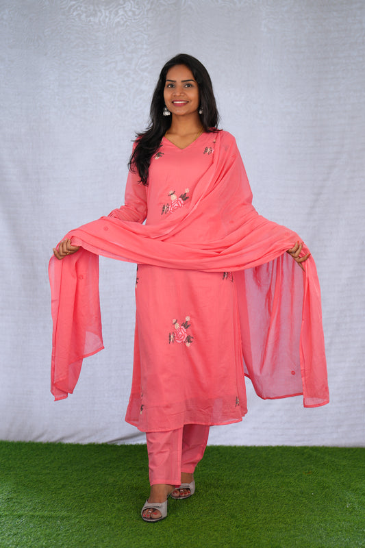 Pink Color Mul Cotton 3 Piece Set With Embroidery work and Complete Lining