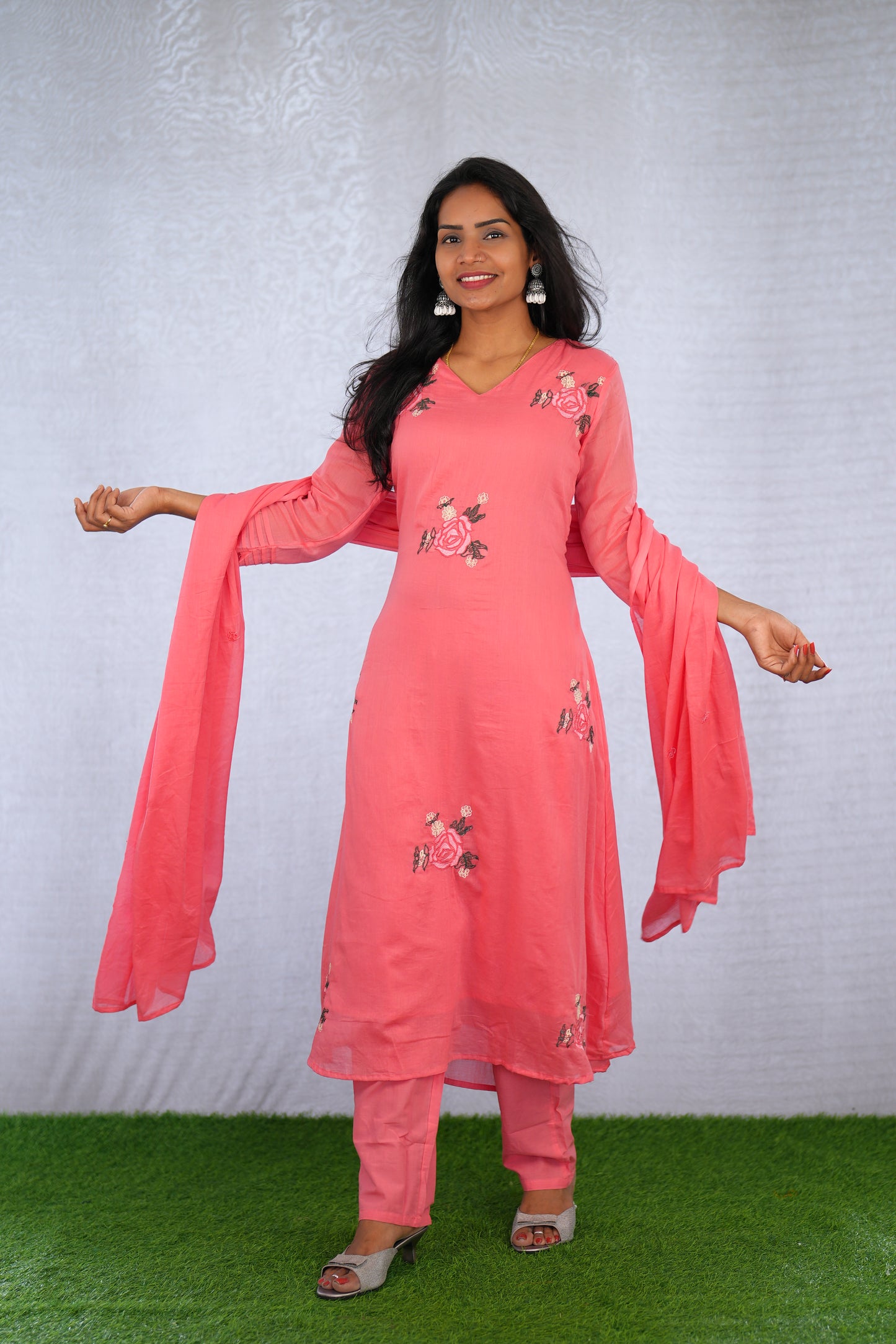 Pink Color Mul Cotton 3 Piece Set With Embroidery work and Complete Lining