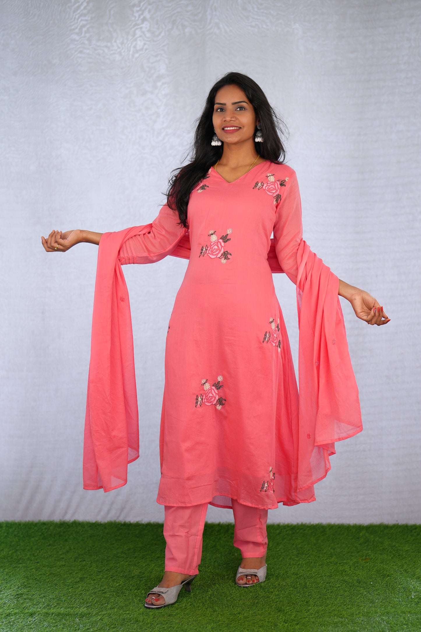 Pink Color Mul Cotton 3 Piece Set With Embroidery work and Complete Lining