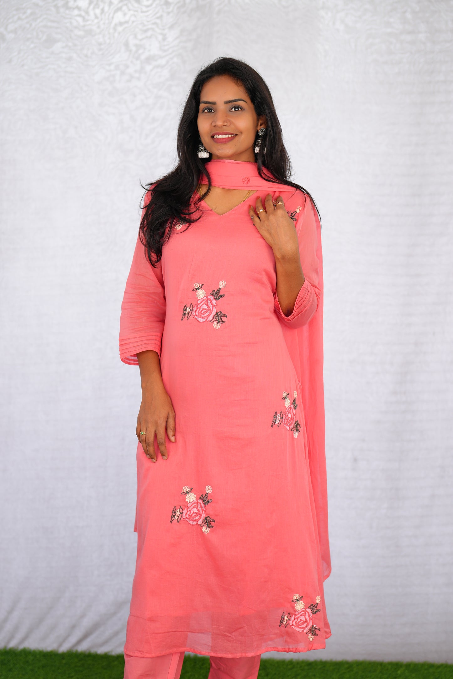 Pink Color Mul Cotton 3 Piece Set With Embroidery work and Complete Lining
