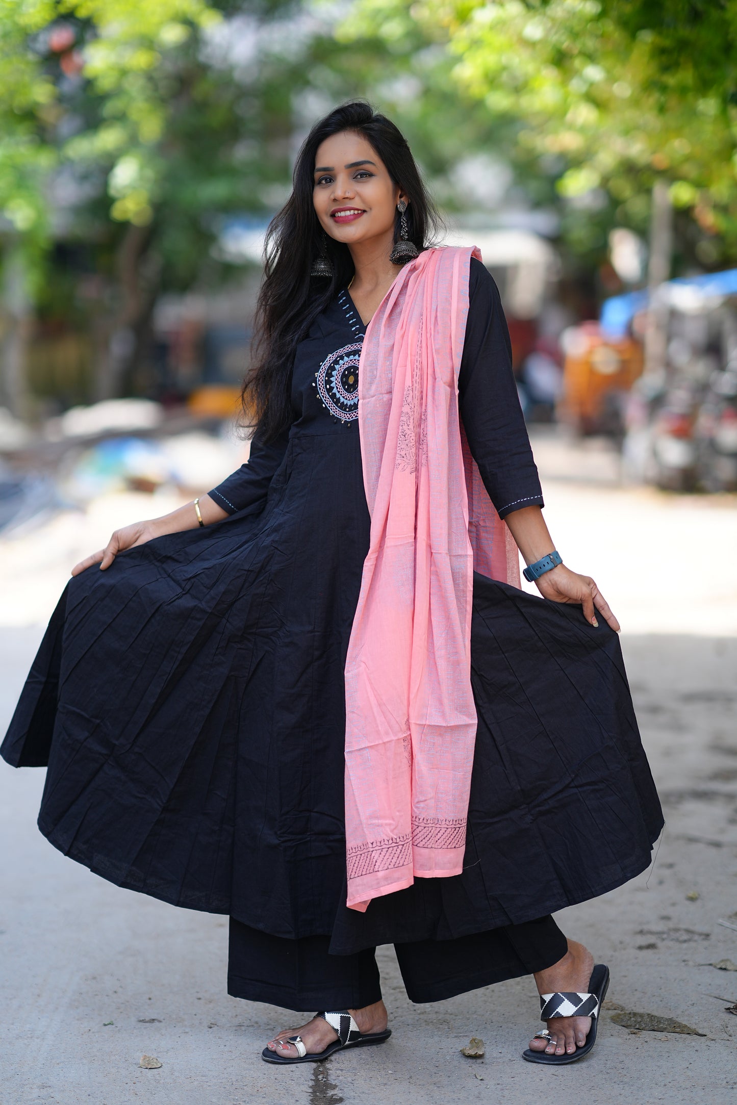Black Color Kali Pattern Anarkali 3 Piece Set With Contrast Duppata